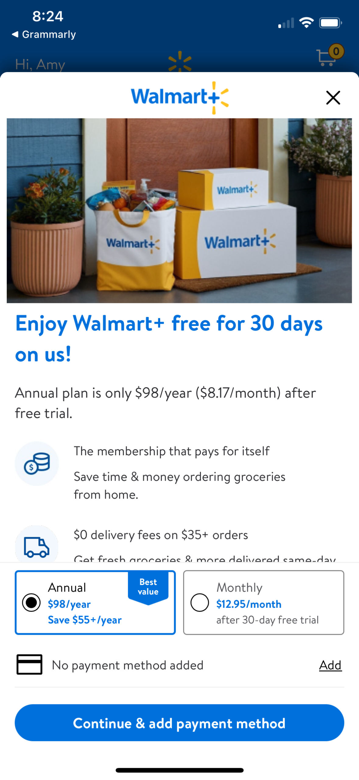 Walmart+ · annual savings and plan choice — original Experiment screenshot