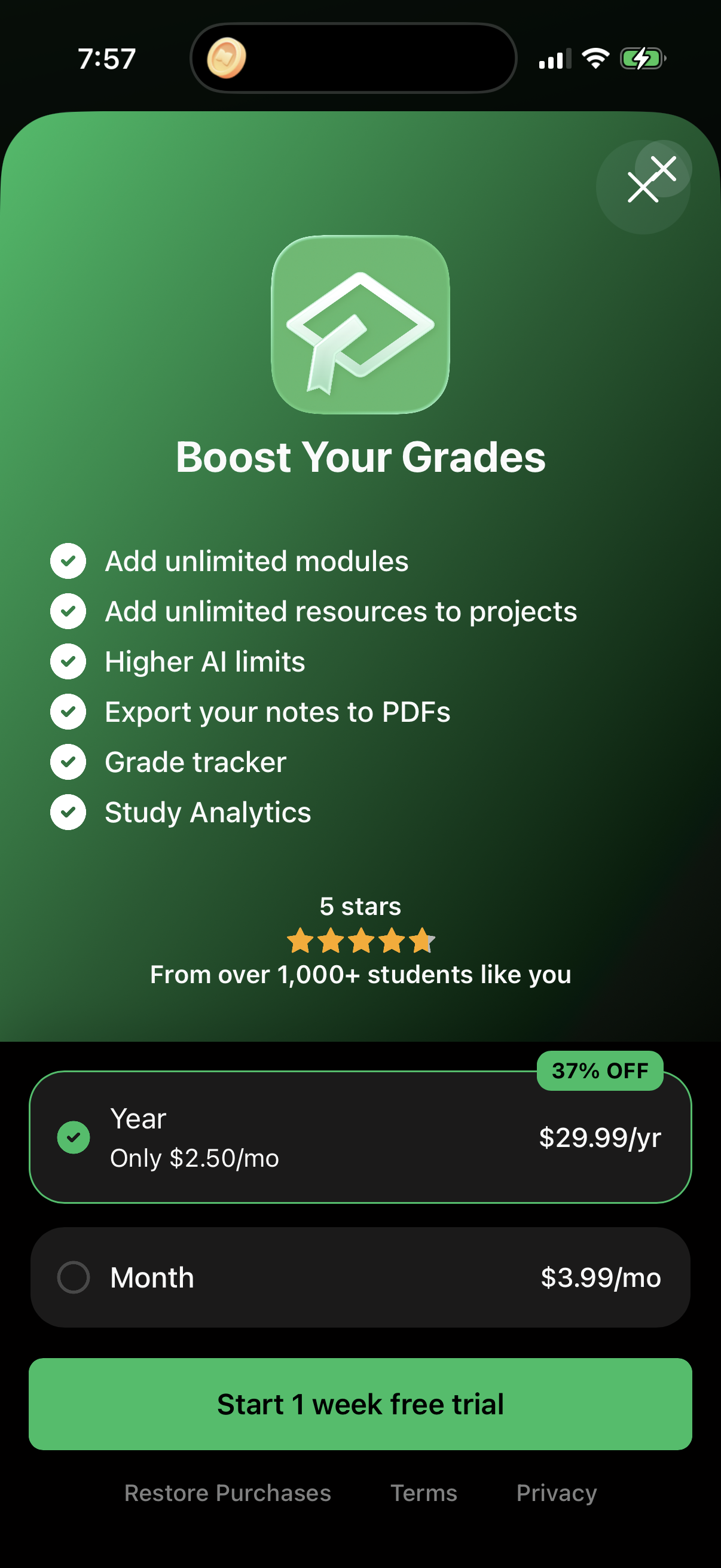 Step 1 of acadex Paywall