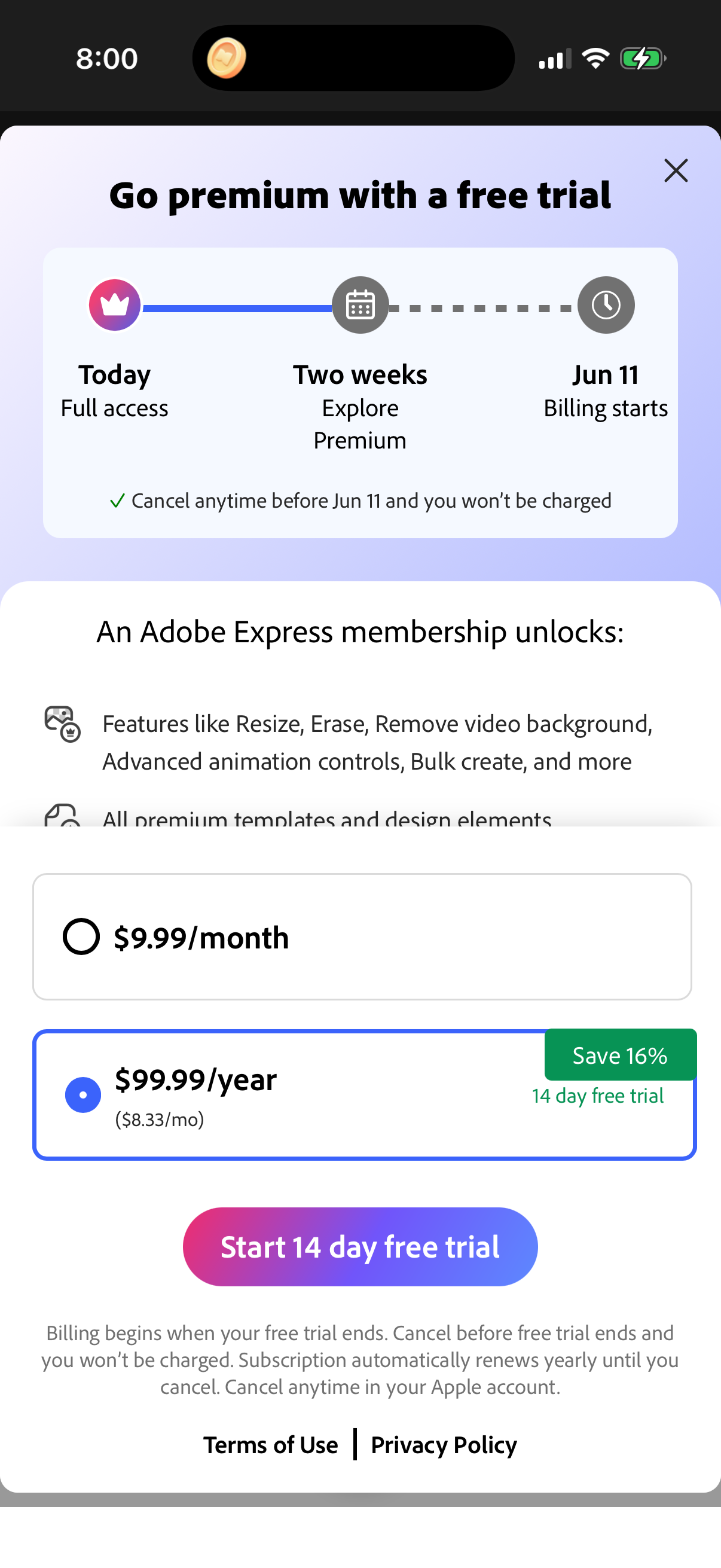 Step 1 of adobe Paywall