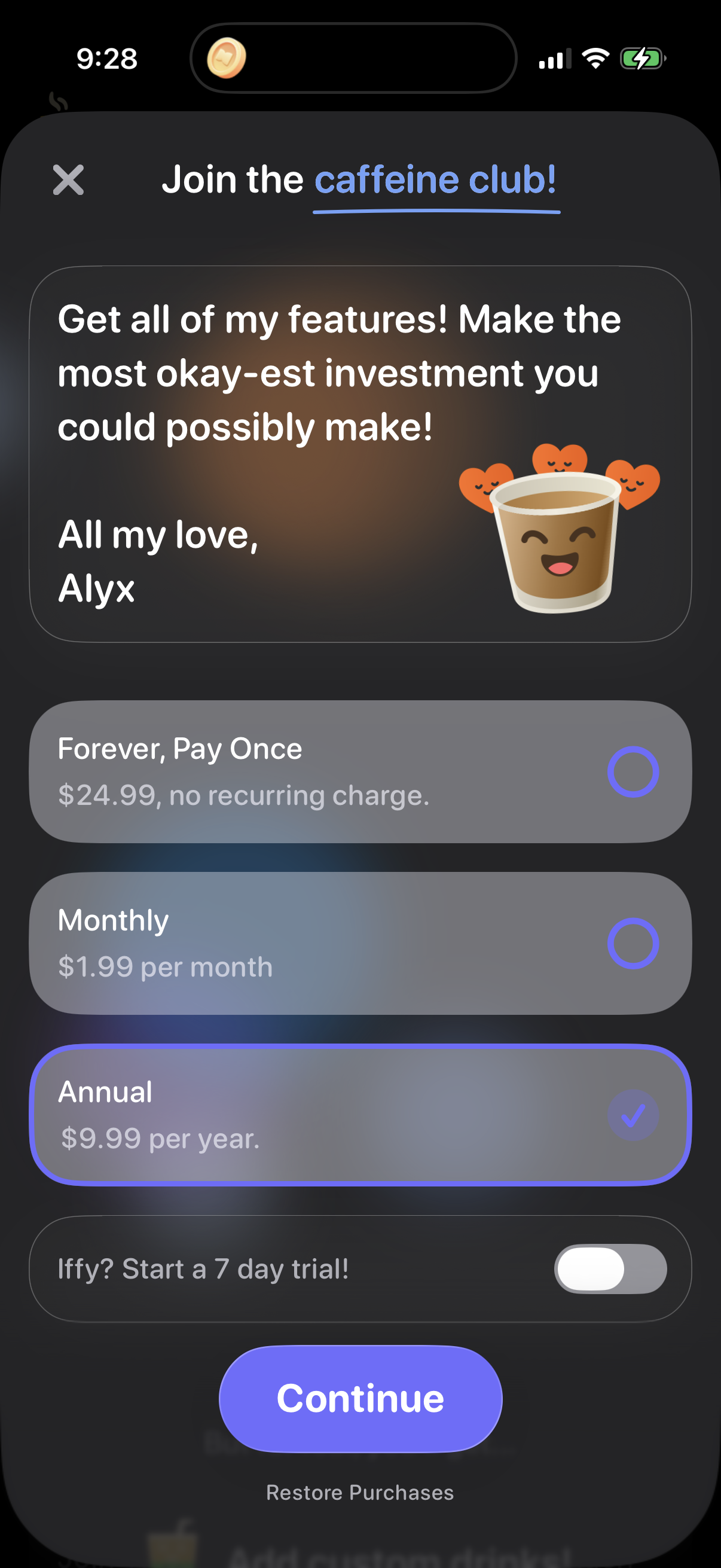 Step 1 of alyx Paywall