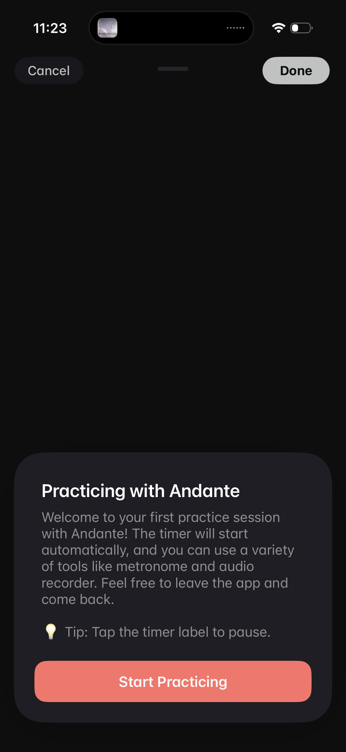 andante start a practice session