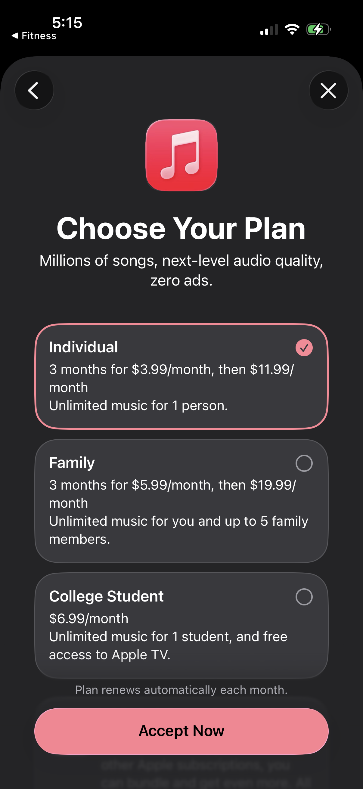 Step 1 of Apple Music Paywall (Home modal)