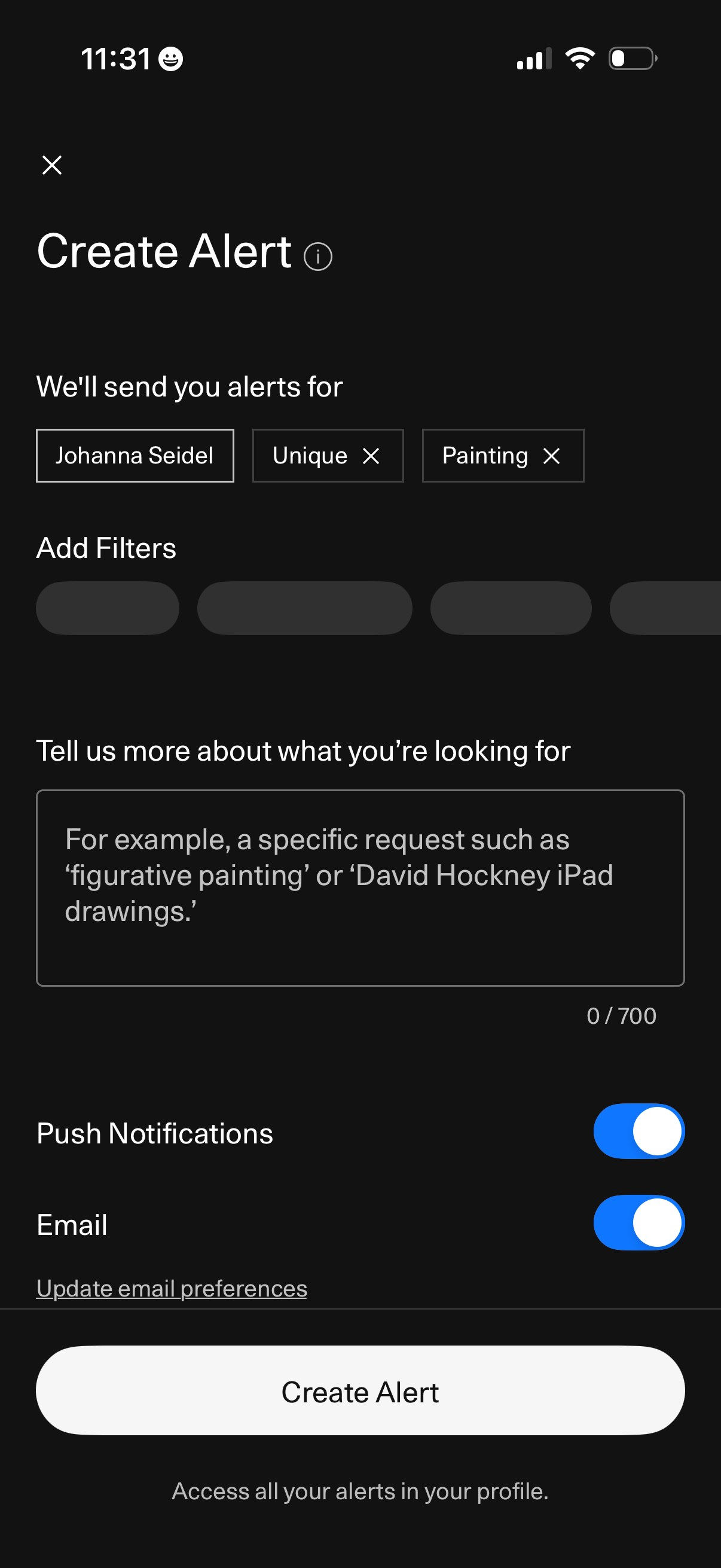 artsy create an alert