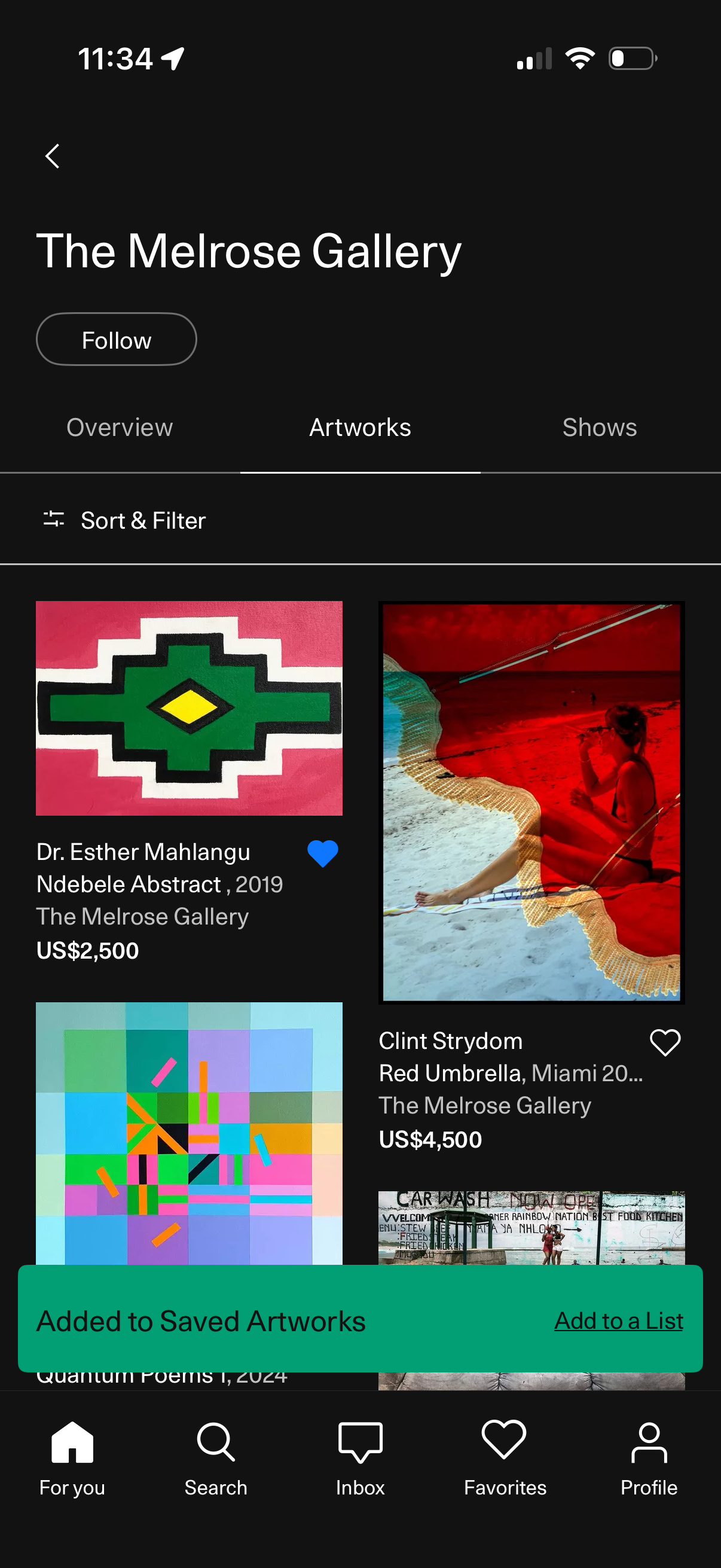 artsy save artwork to list