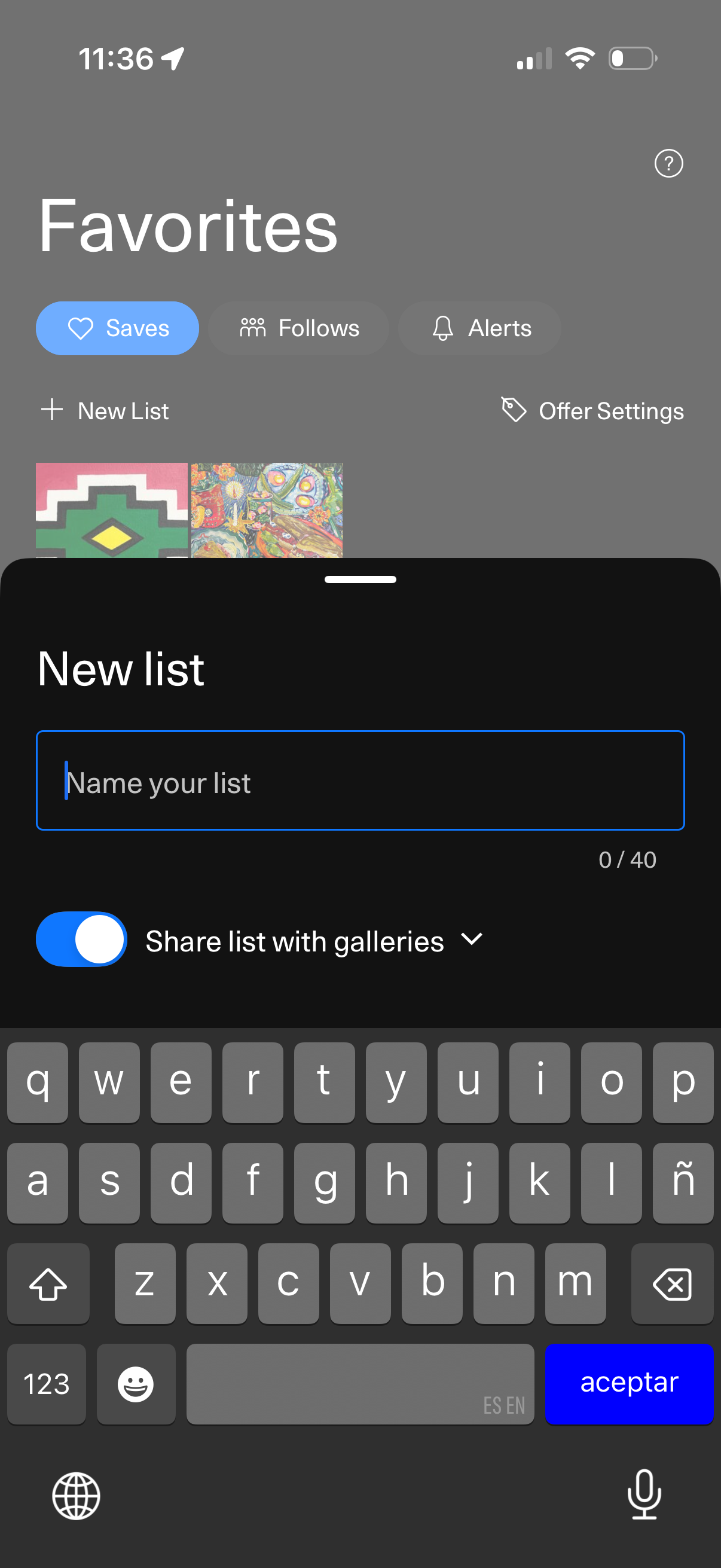 artsy create favorites list