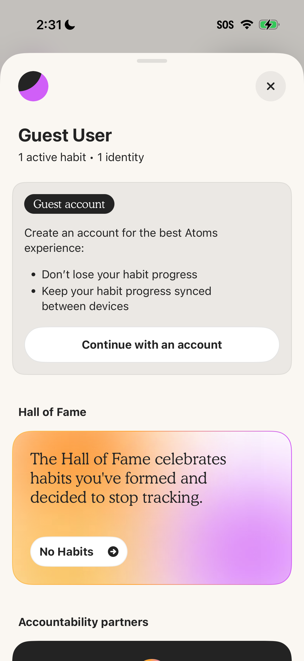 Step 1 of Atoms Settings Paywall