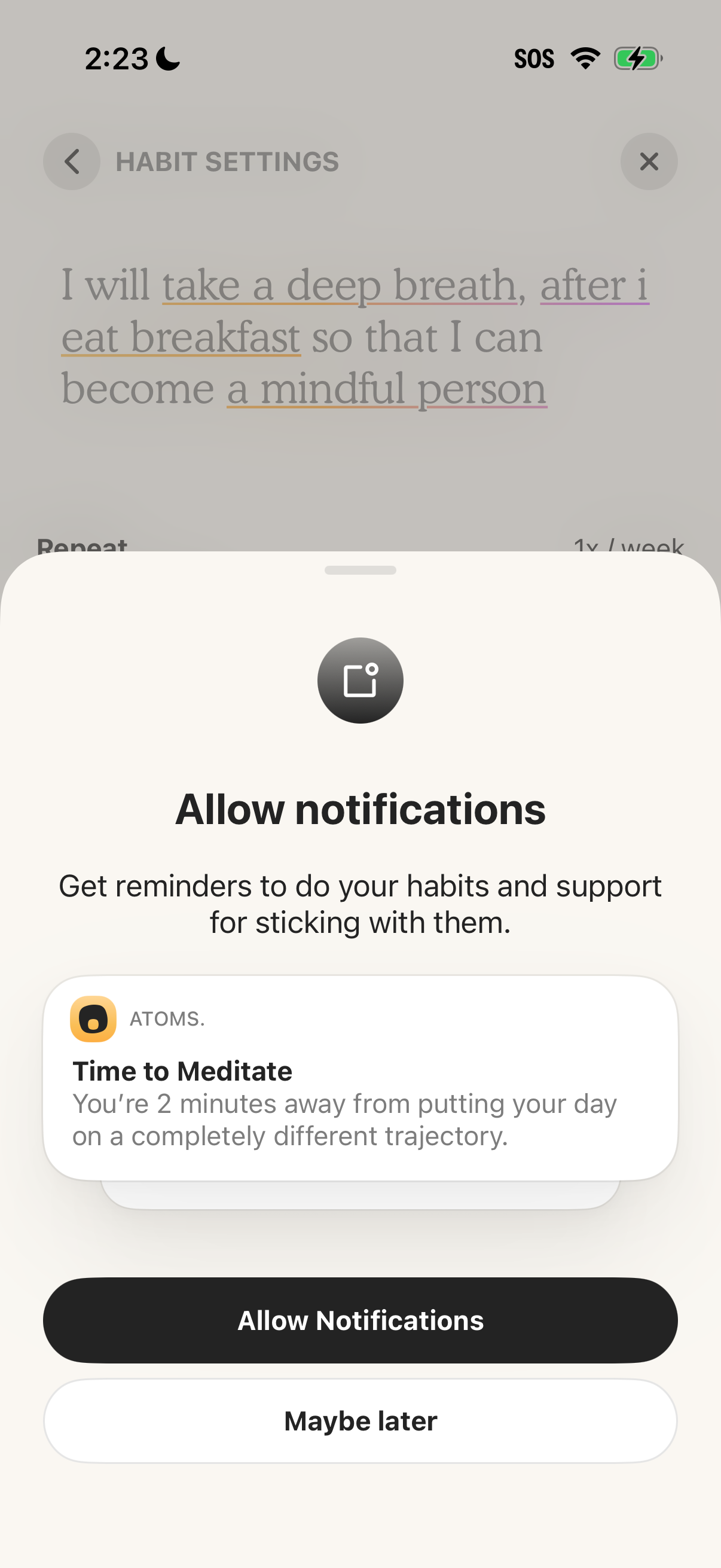 Step 1 of Atoms Notifications Opt-in
