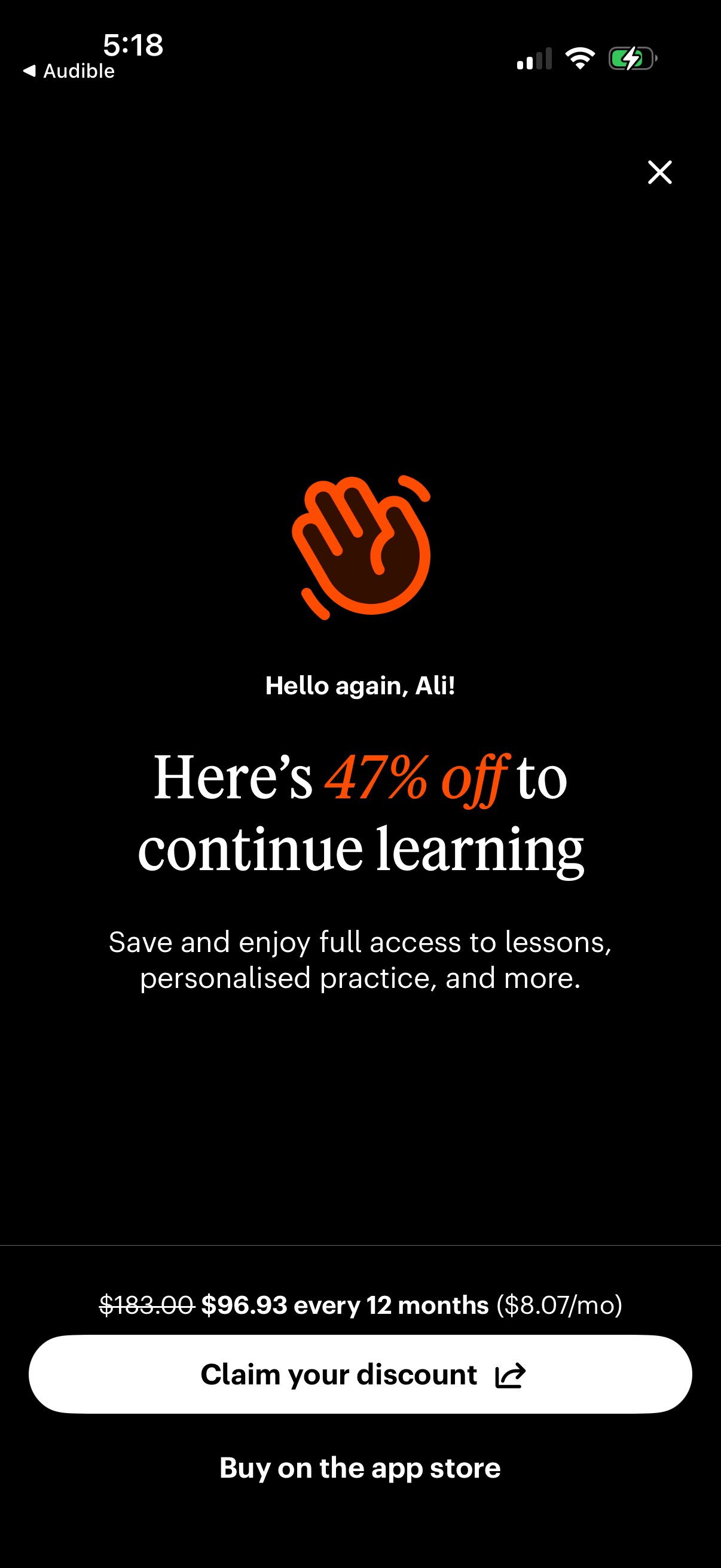 Step 1 of Babbel Welcome Back Paywall