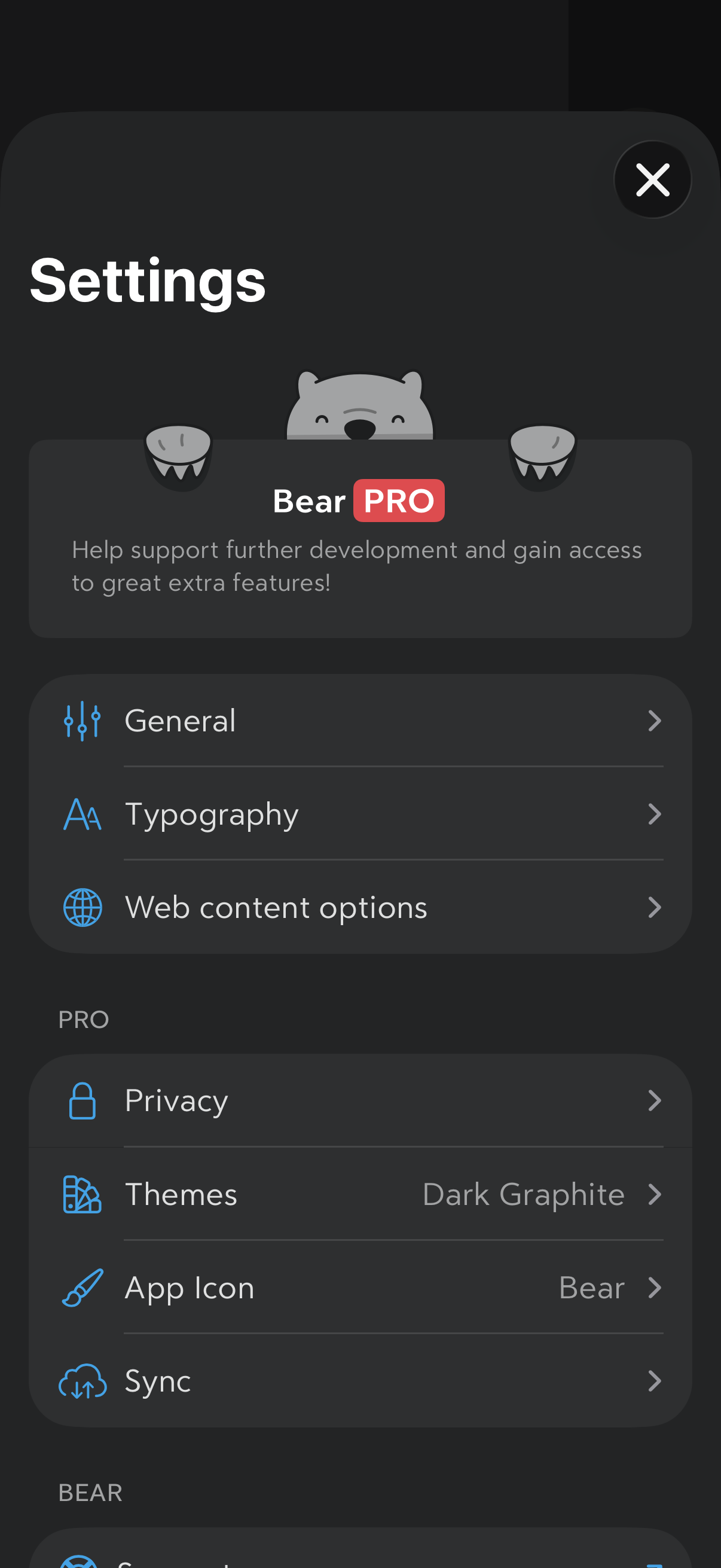 Step 1 of Bear Settings Paywall