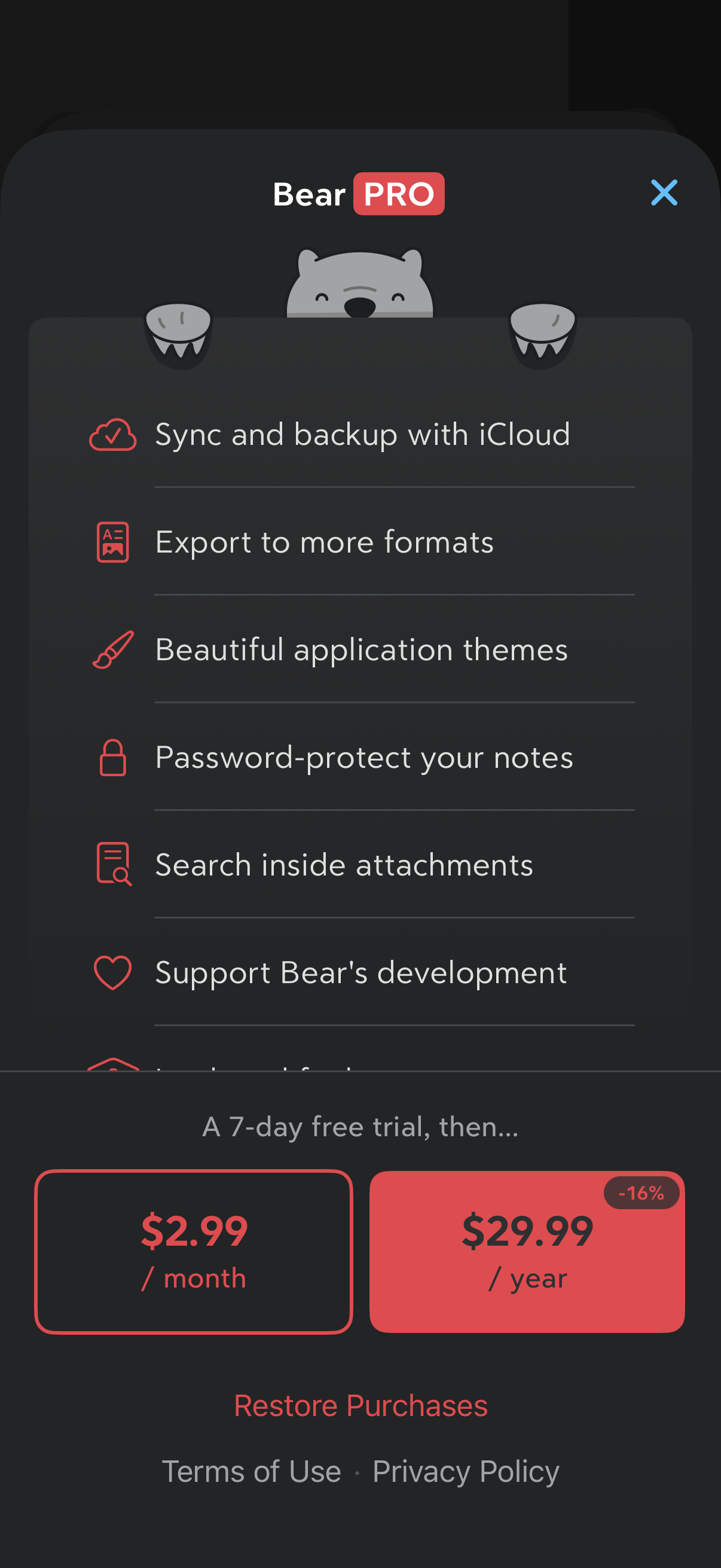 Step 2 of Bear Settings Paywall