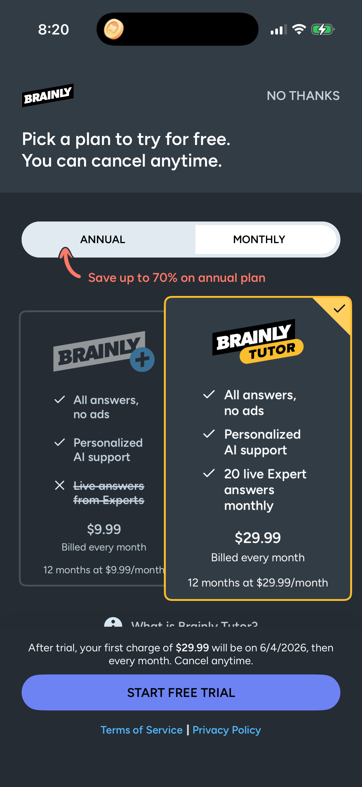 Step 1 of brainly Paywall