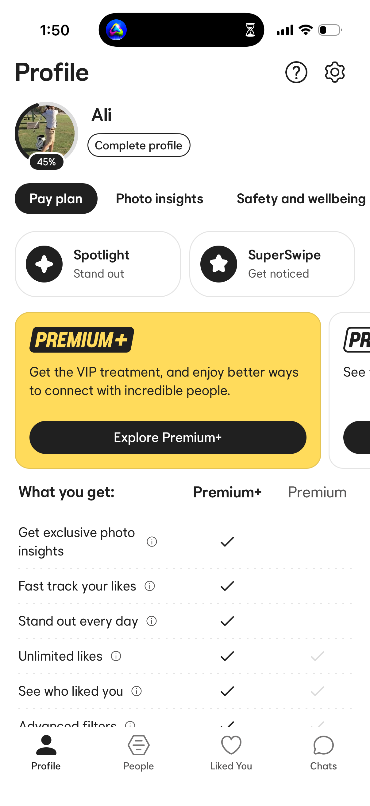 Step 1 of bumble Paywall