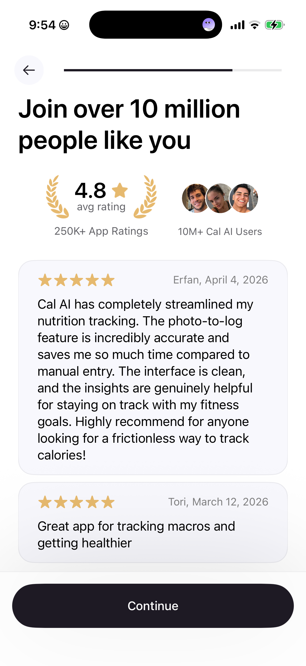 Cal AI frame 33: Ratings and testimonial claims