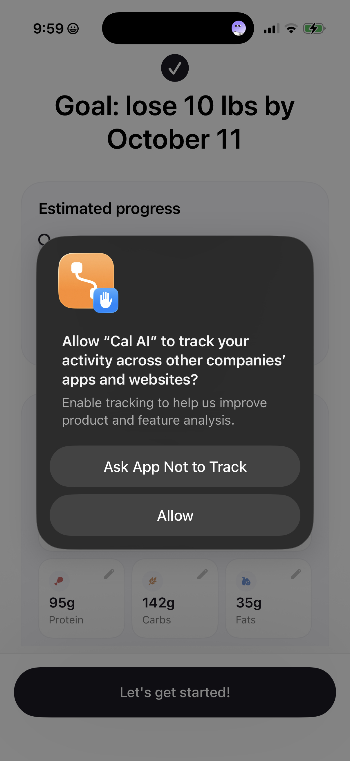 Cal AI frame 39: Tracking permission over plan