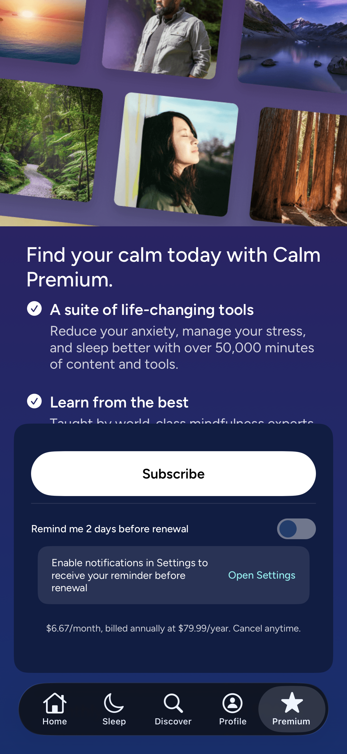 Step 1 of Calm Locked Feature Paywall