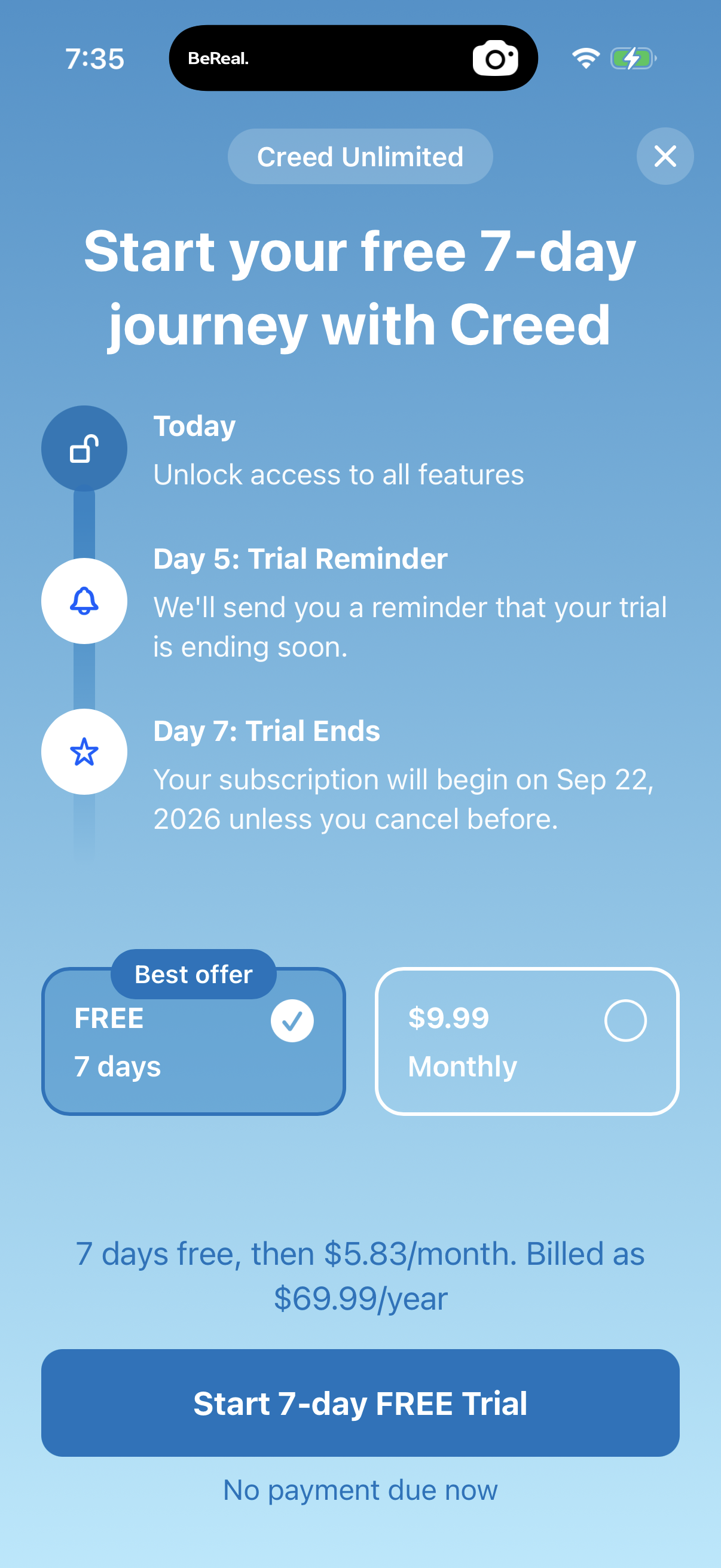 Step 3 of Creed Settings Paywall