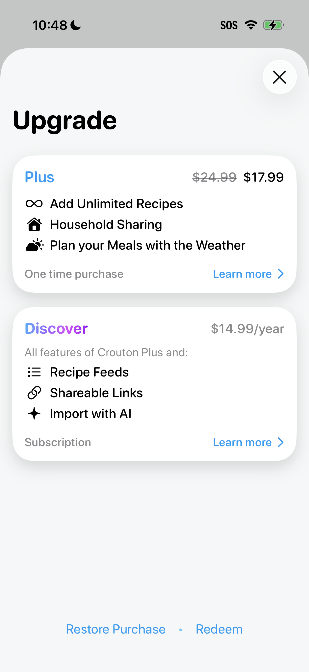 Step 1 of Crouton Welcome Back Paywall