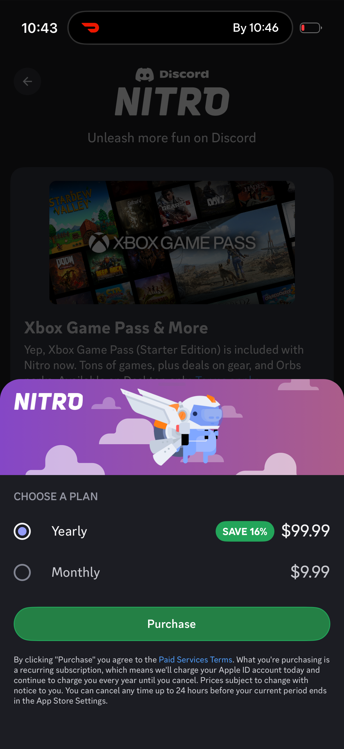 Step 2 of discord Start subscription purchase