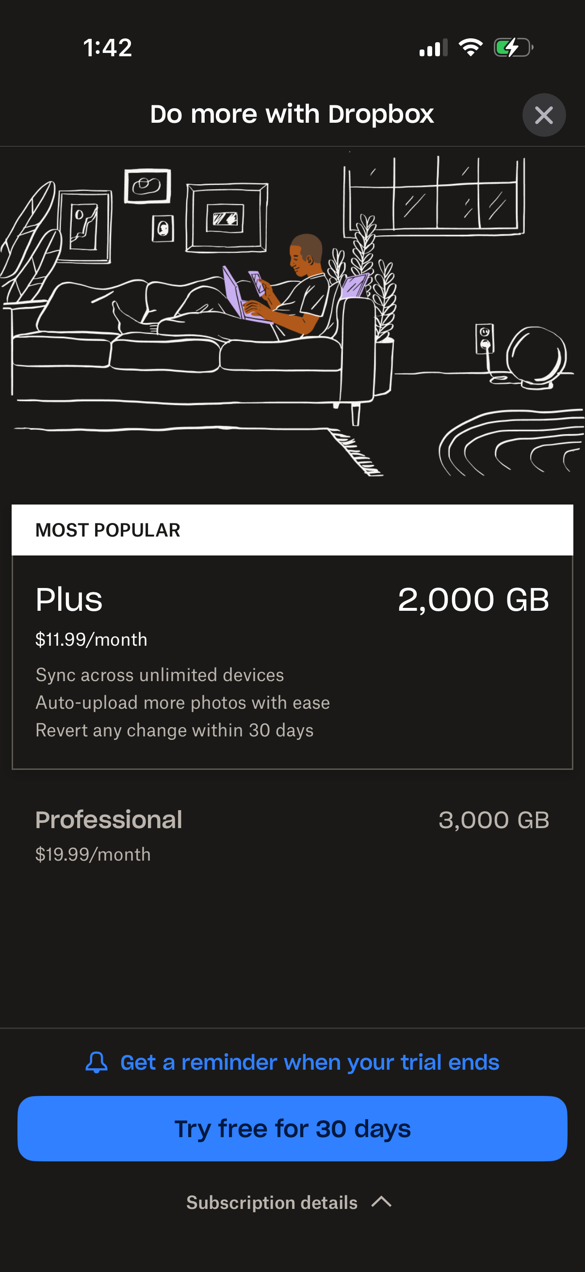 Step 1 of dropbox Paywall