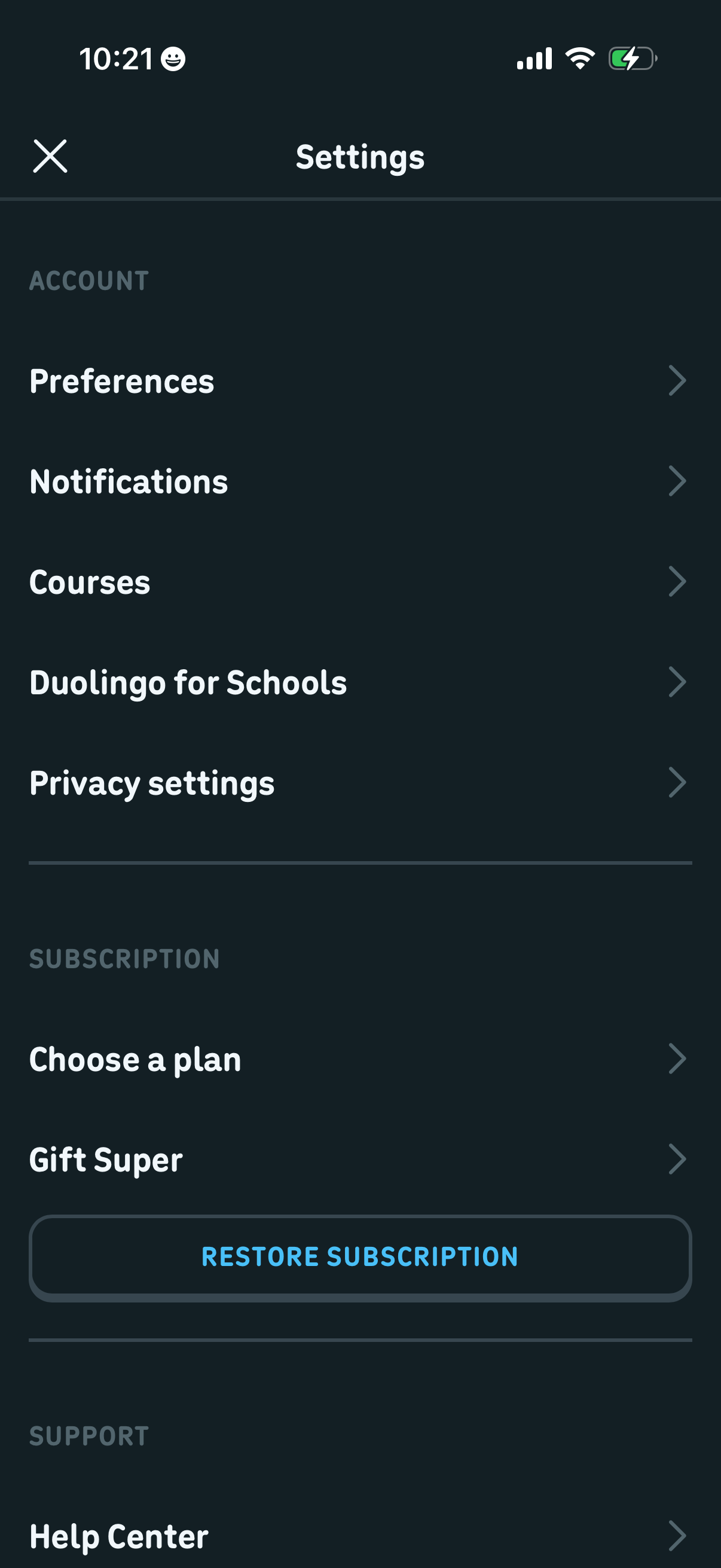 Step 1 of Duolingo Settings Paywall