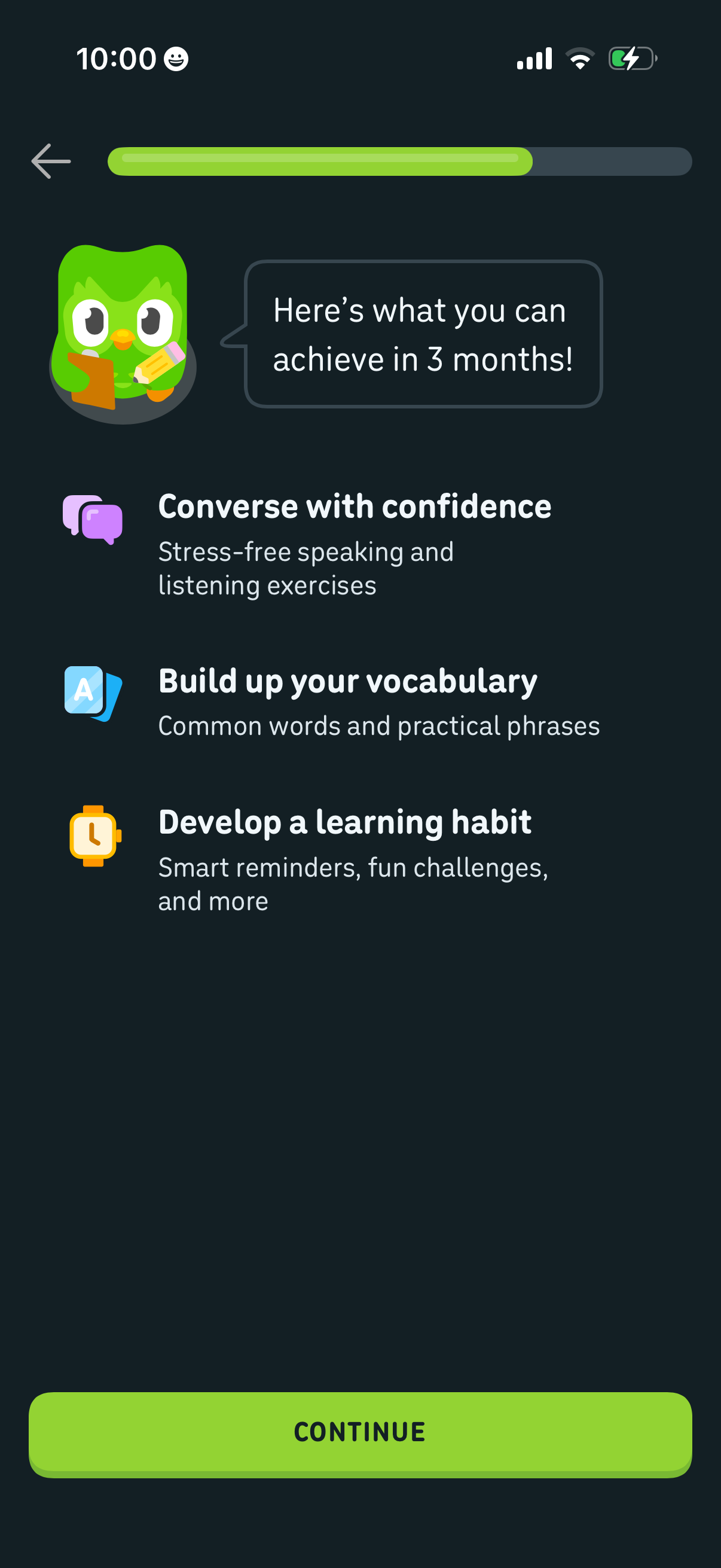 Step 1 of Duolingo Onboarding Paywall