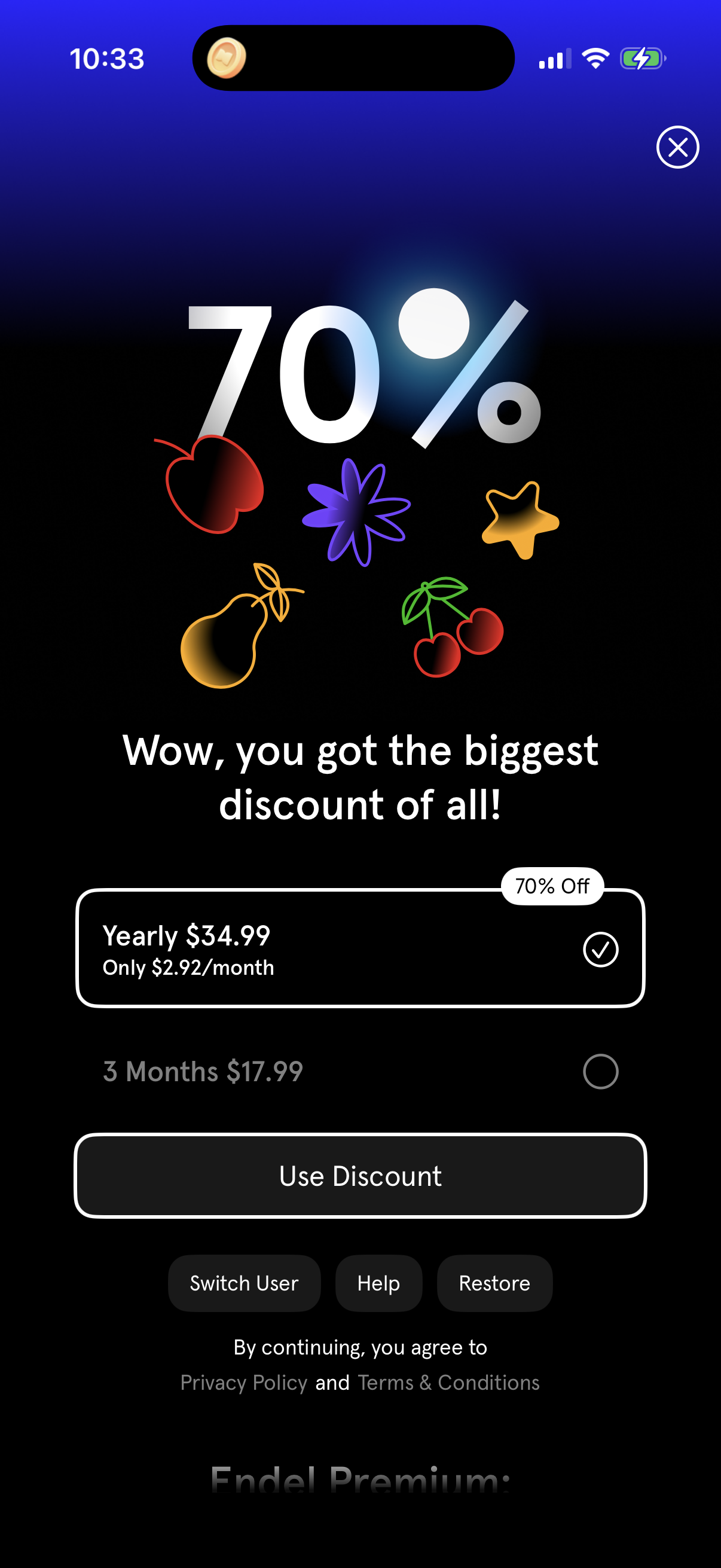 Step 1 of endel Paywall
