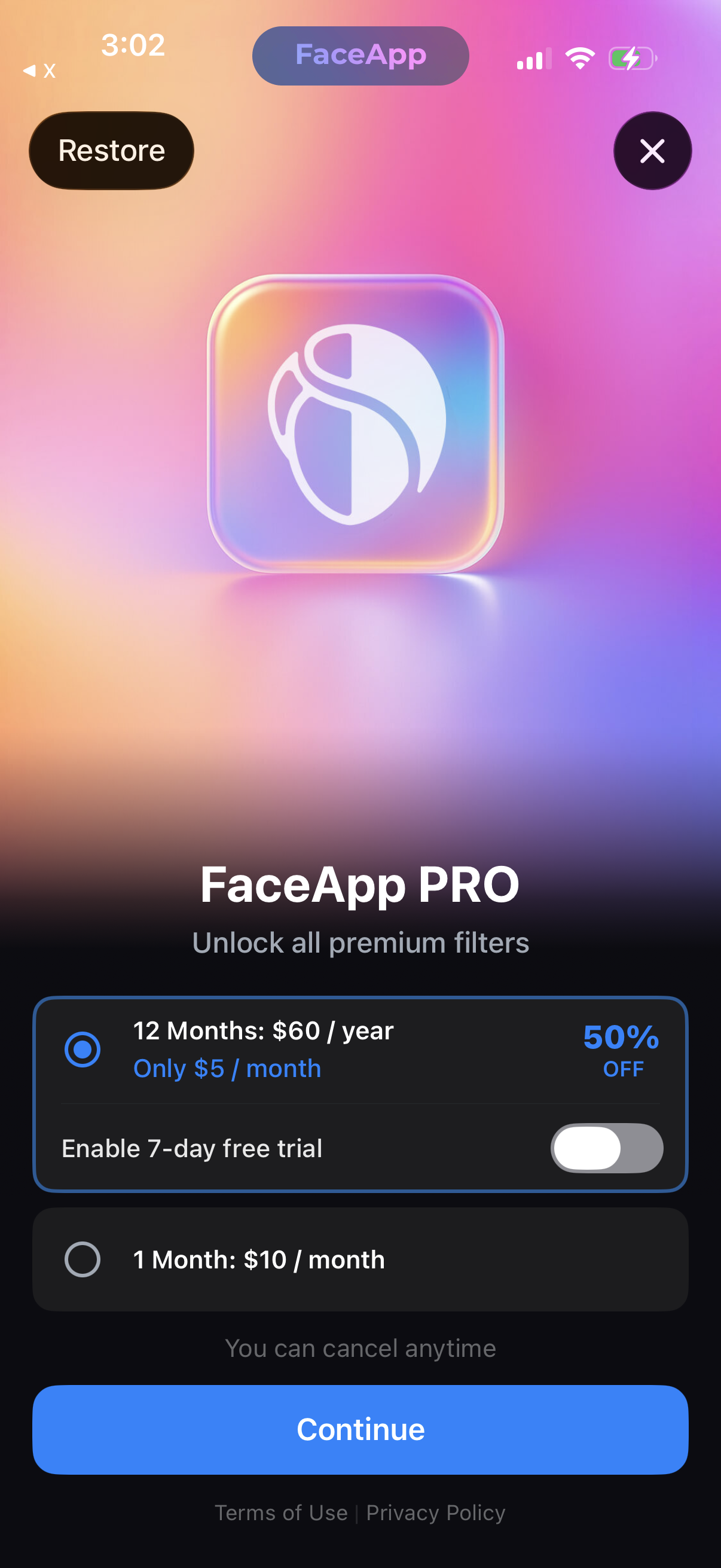 Step 1 of faceapp Paywall