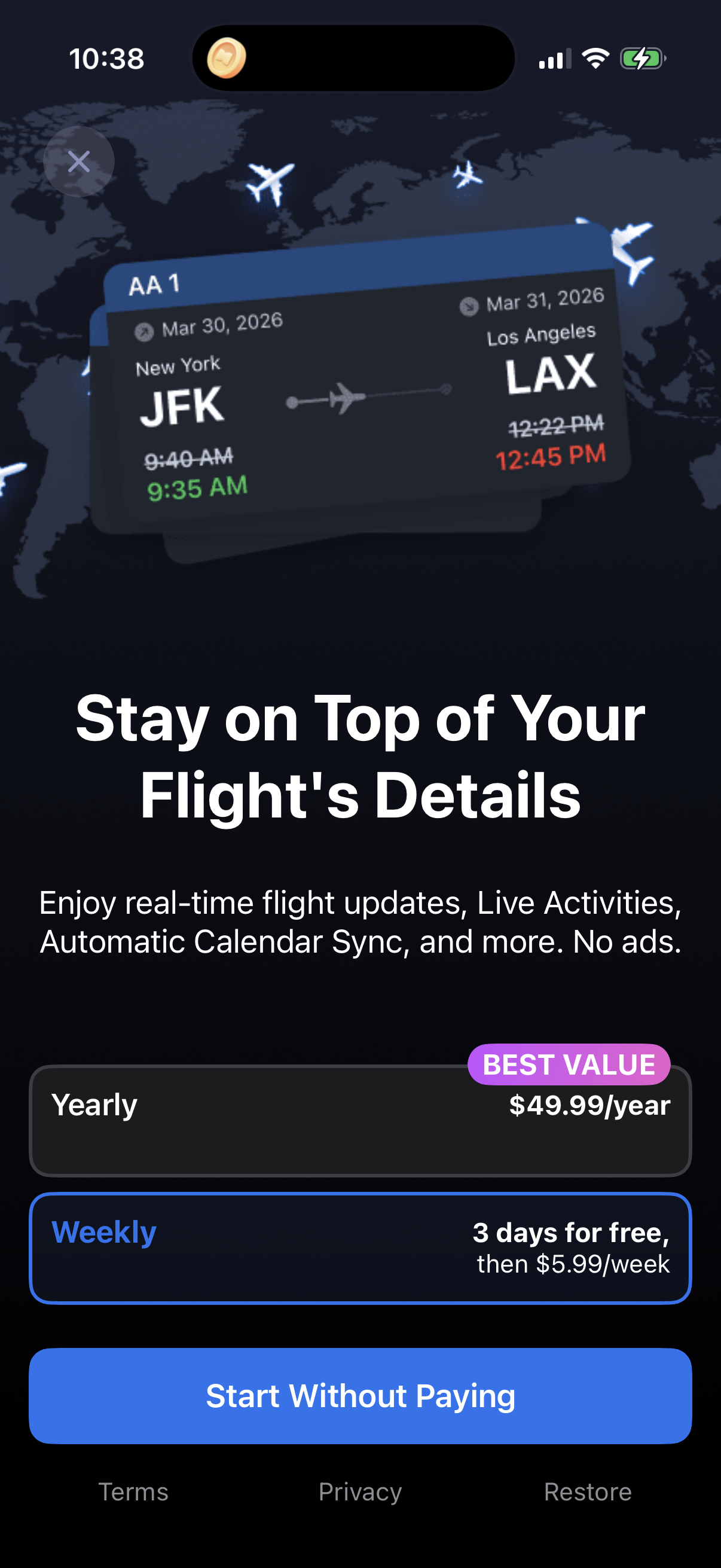 Step 1 of flight-tracker Paywall