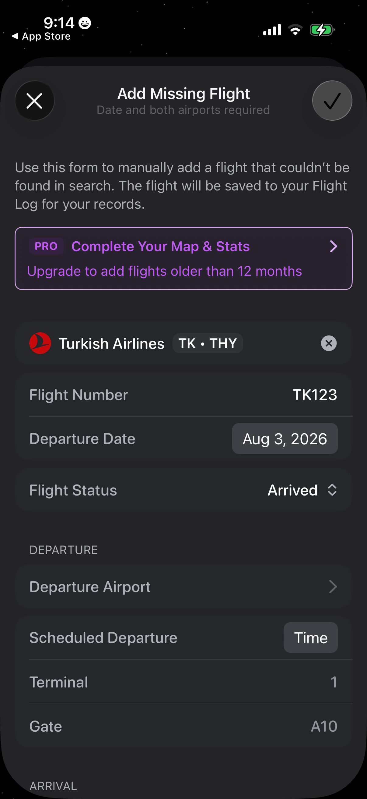 Step 1 of Flighty Locked Feature Paywall