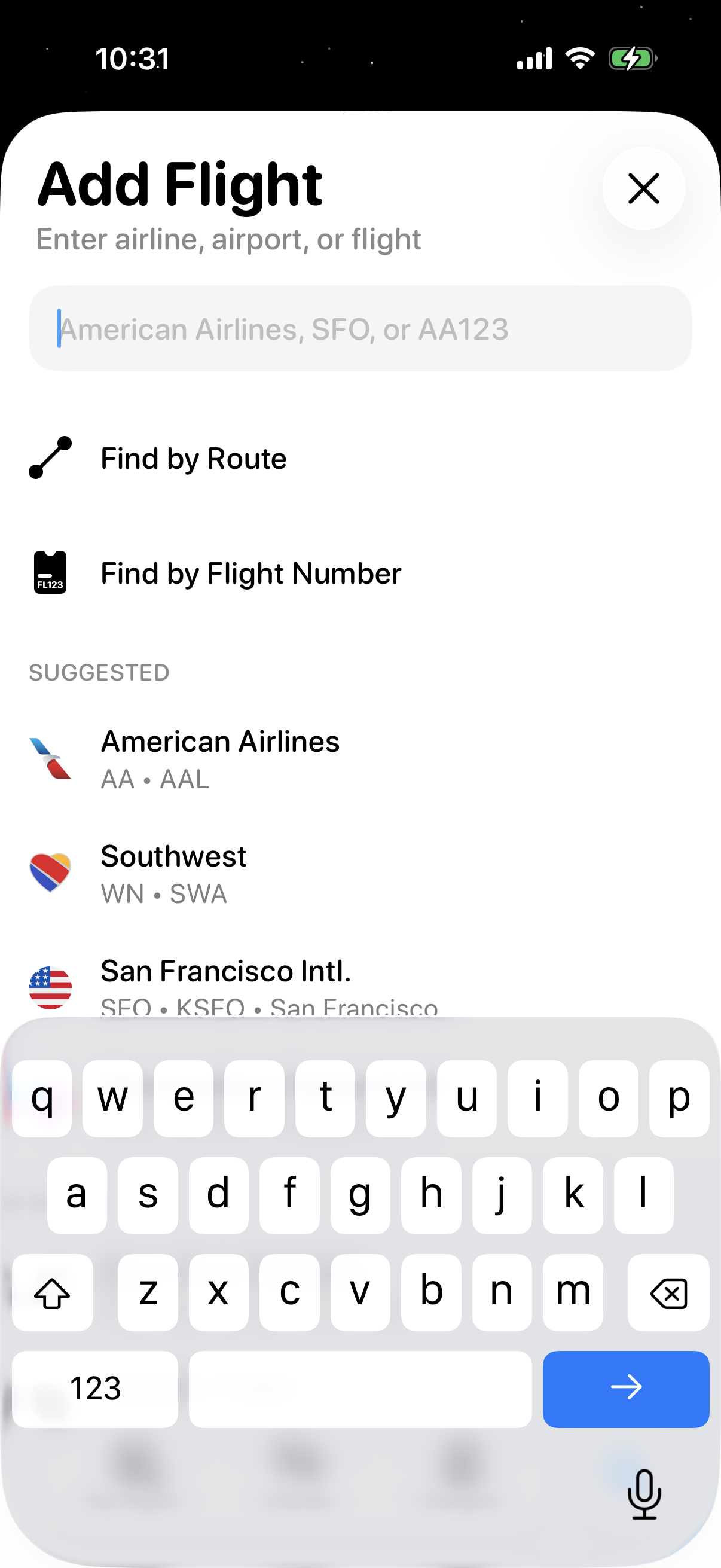 Step 1 of Flighty Add Flight