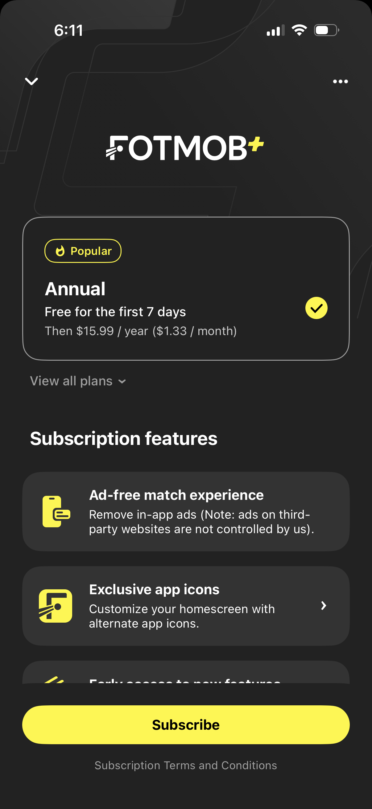 fotmob Upsell view plans