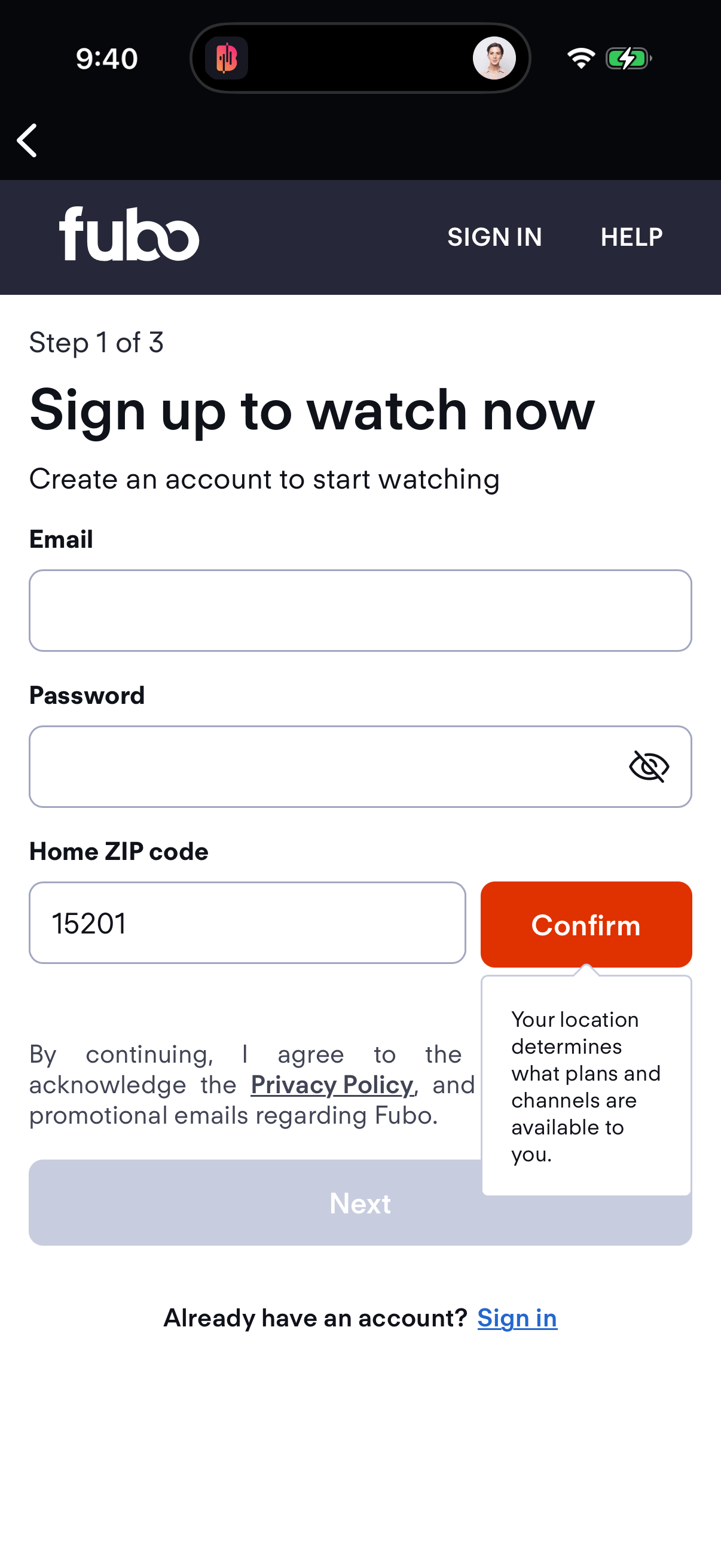 Step 3 of fubo Onboarding