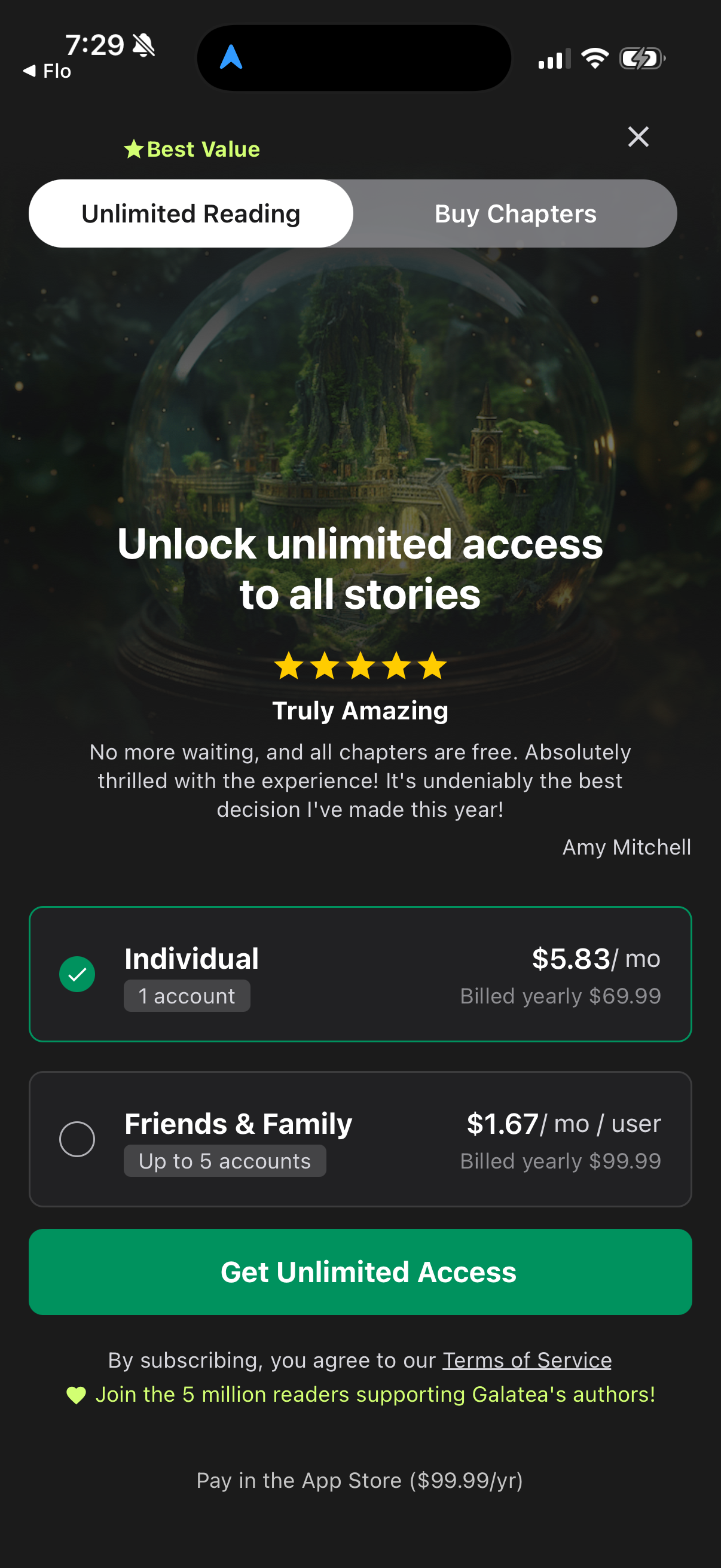 Step 1 of Galatea Locked Feature Paywall