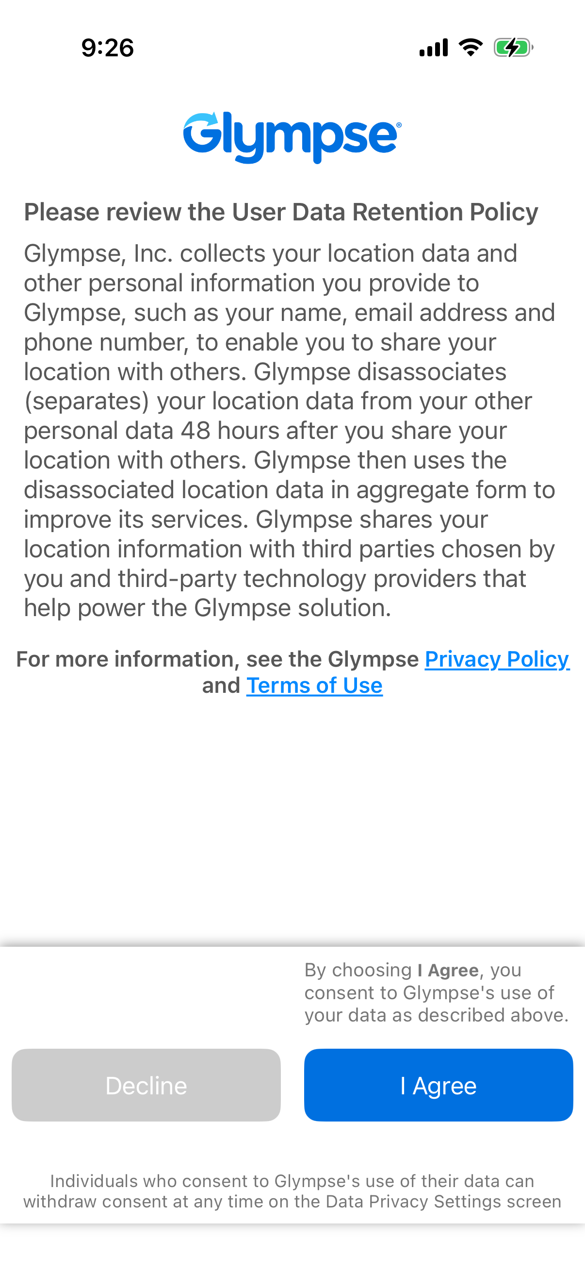Step 1 of Glympse Onboarding