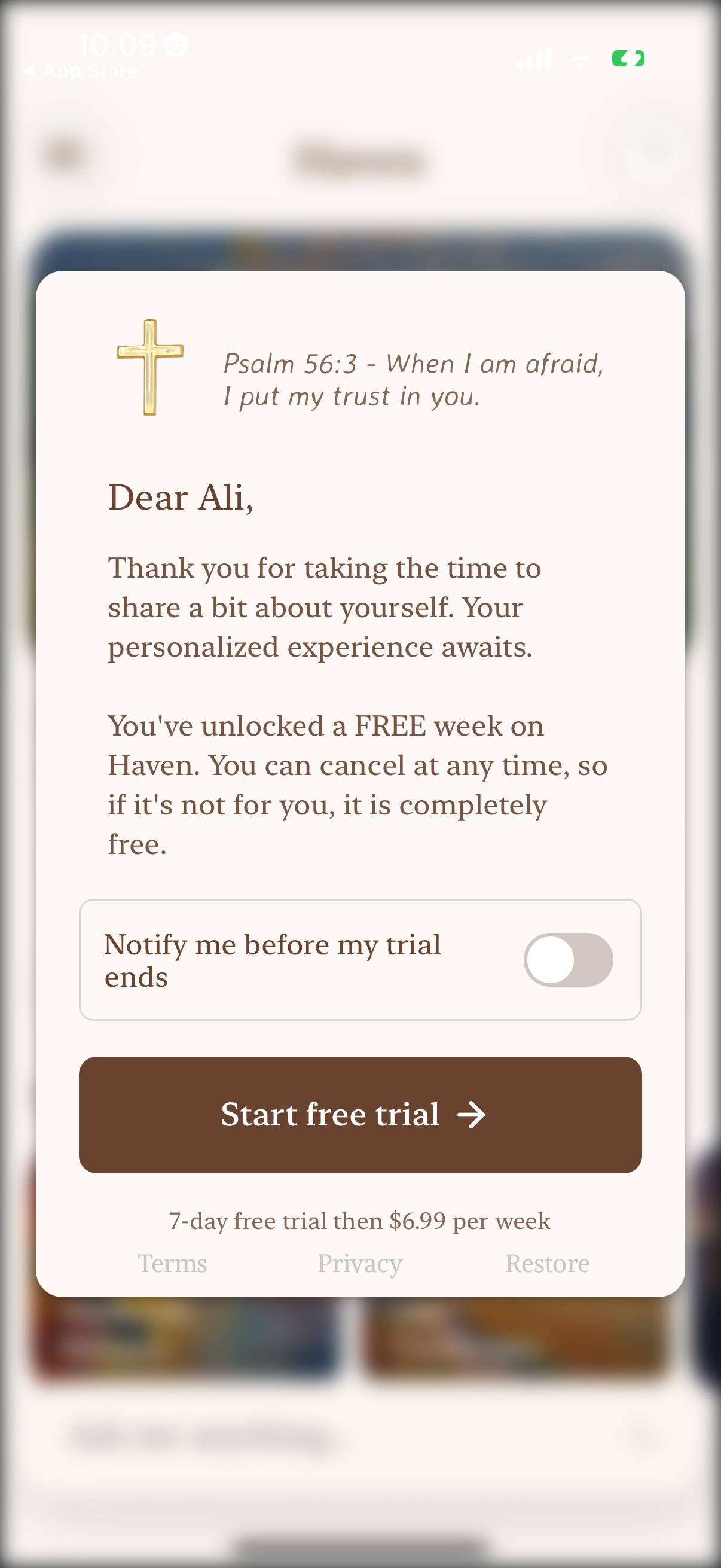 Step 2 of Haven Start free trial
