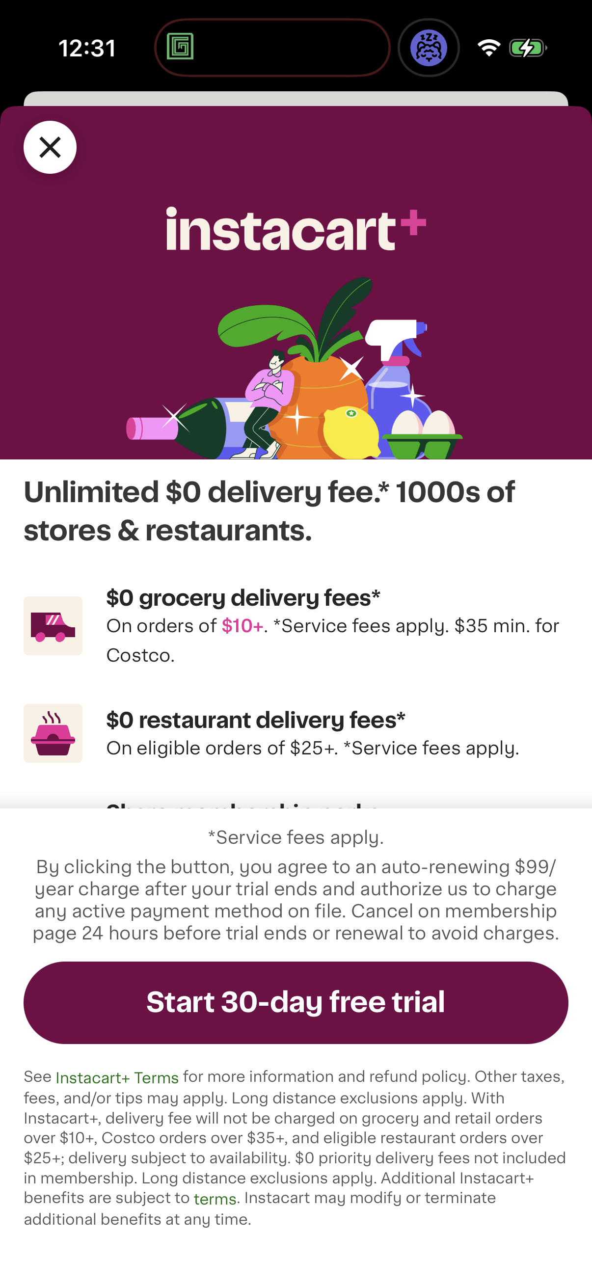 Step 1 of instacart Paywall