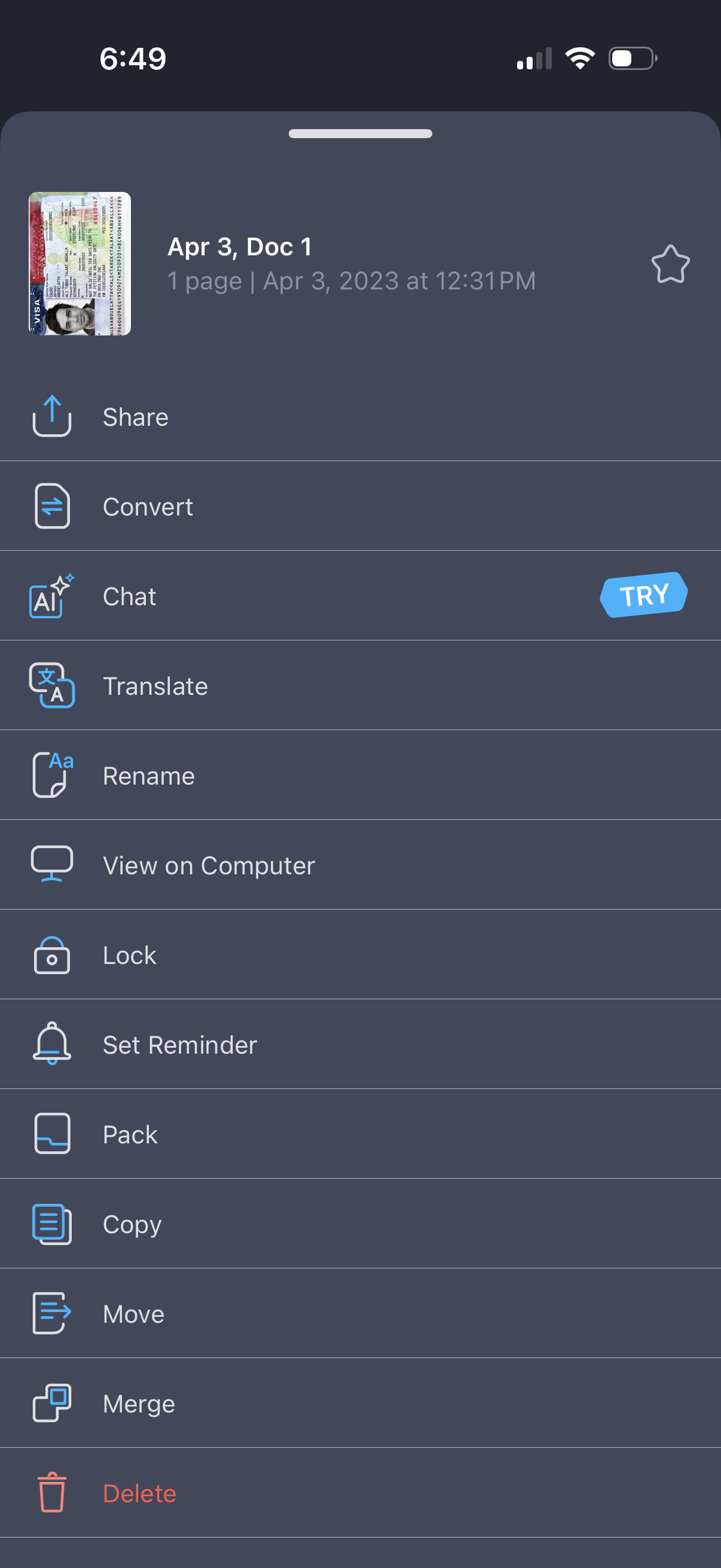 iscanner open document actions