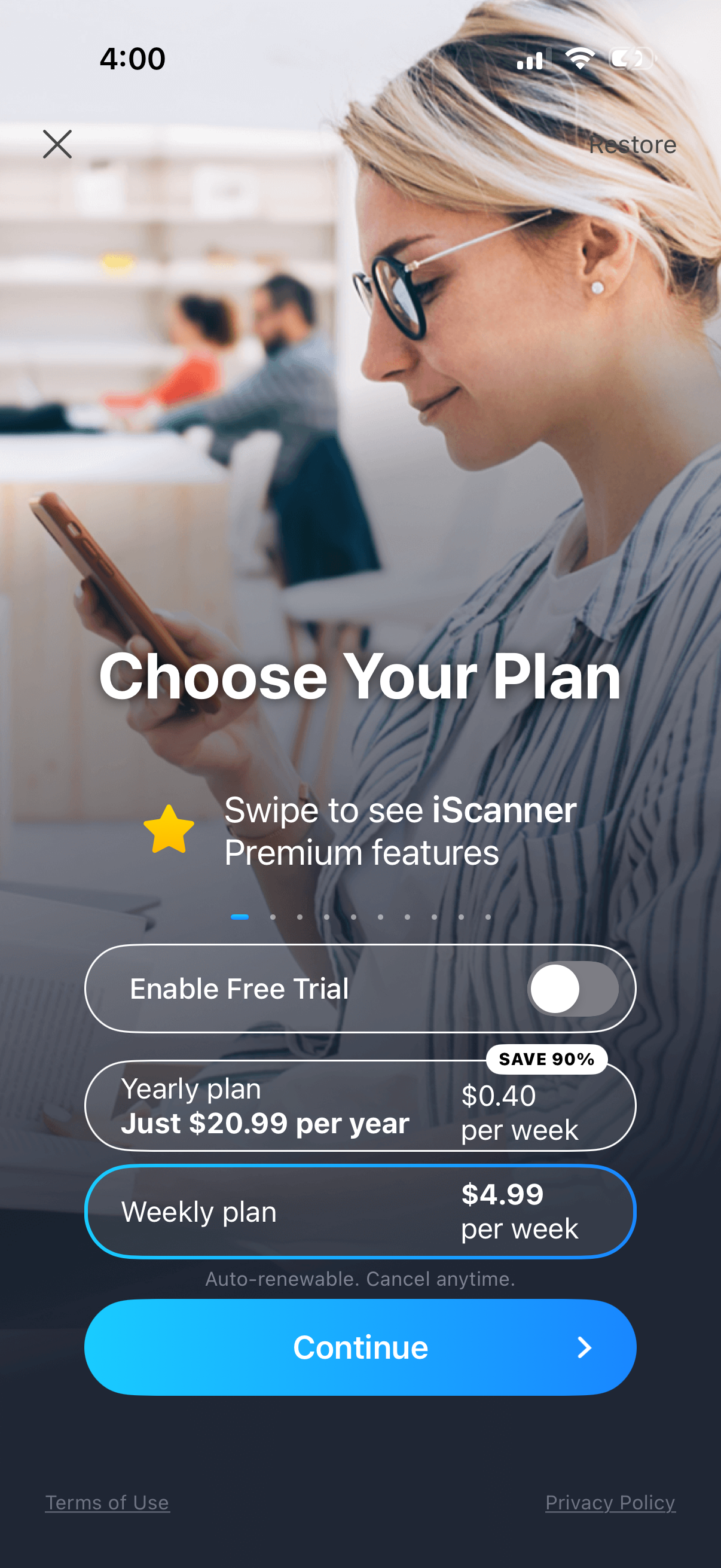 Step 1 of iscanner Paywall