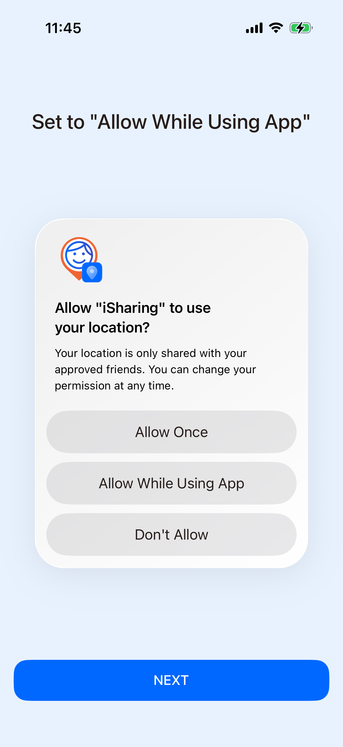 Step 1 of Isharing Location Opt-in