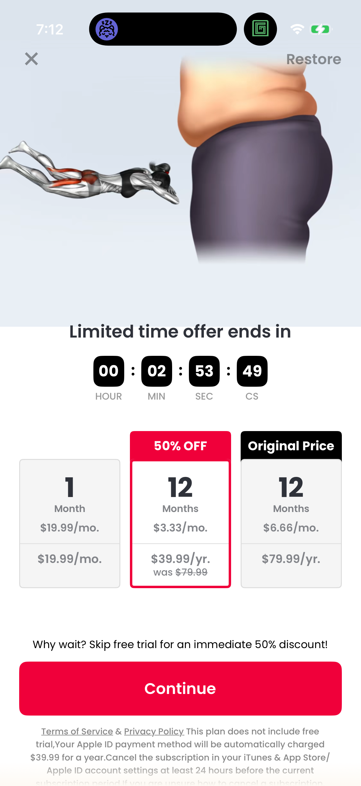 Step 1 of justfit Paywall