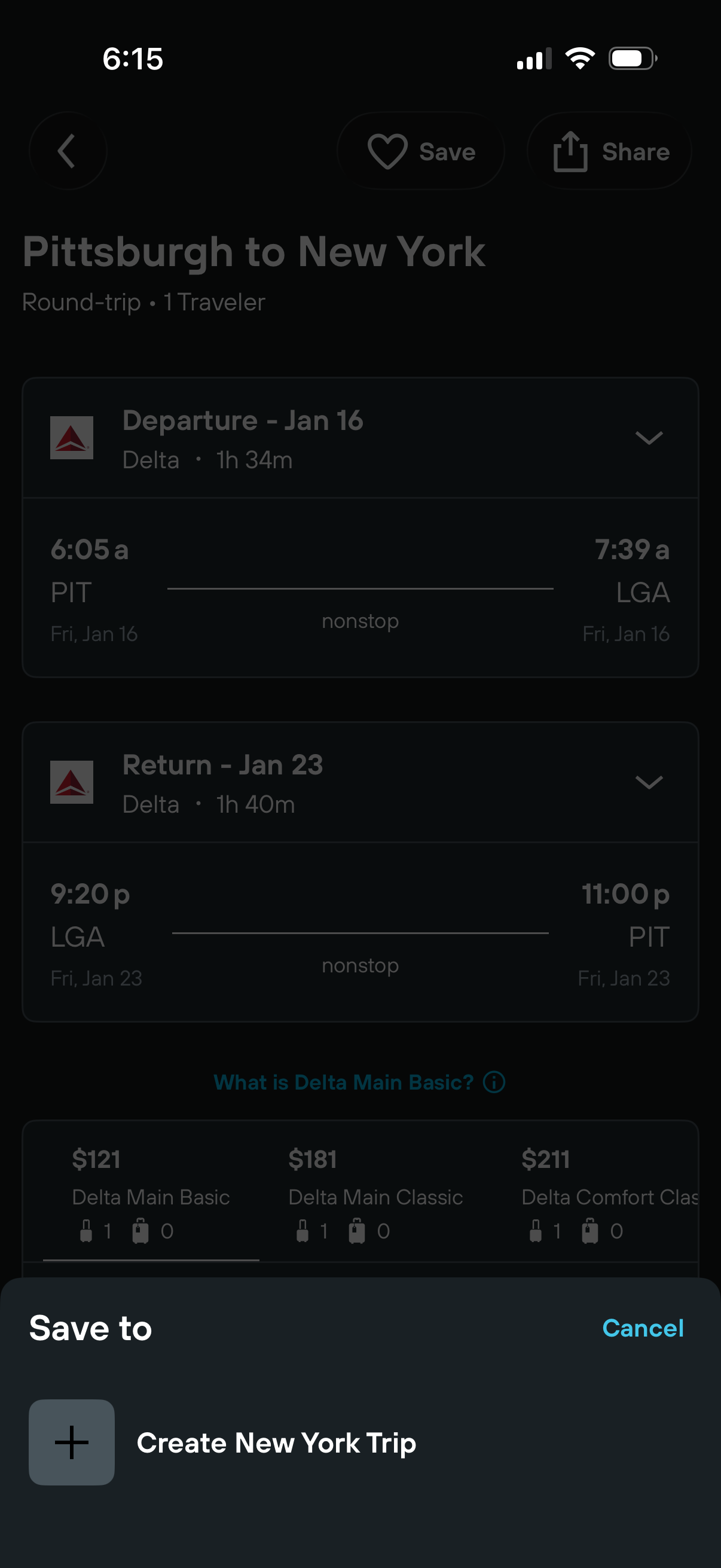 kayak save flight to trip