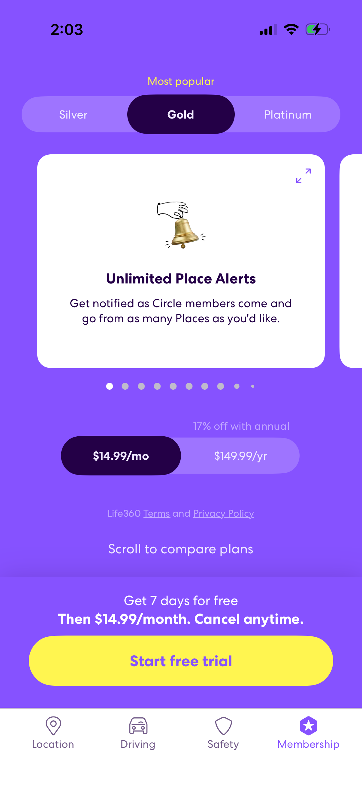 Step 1 of life360 Paywall