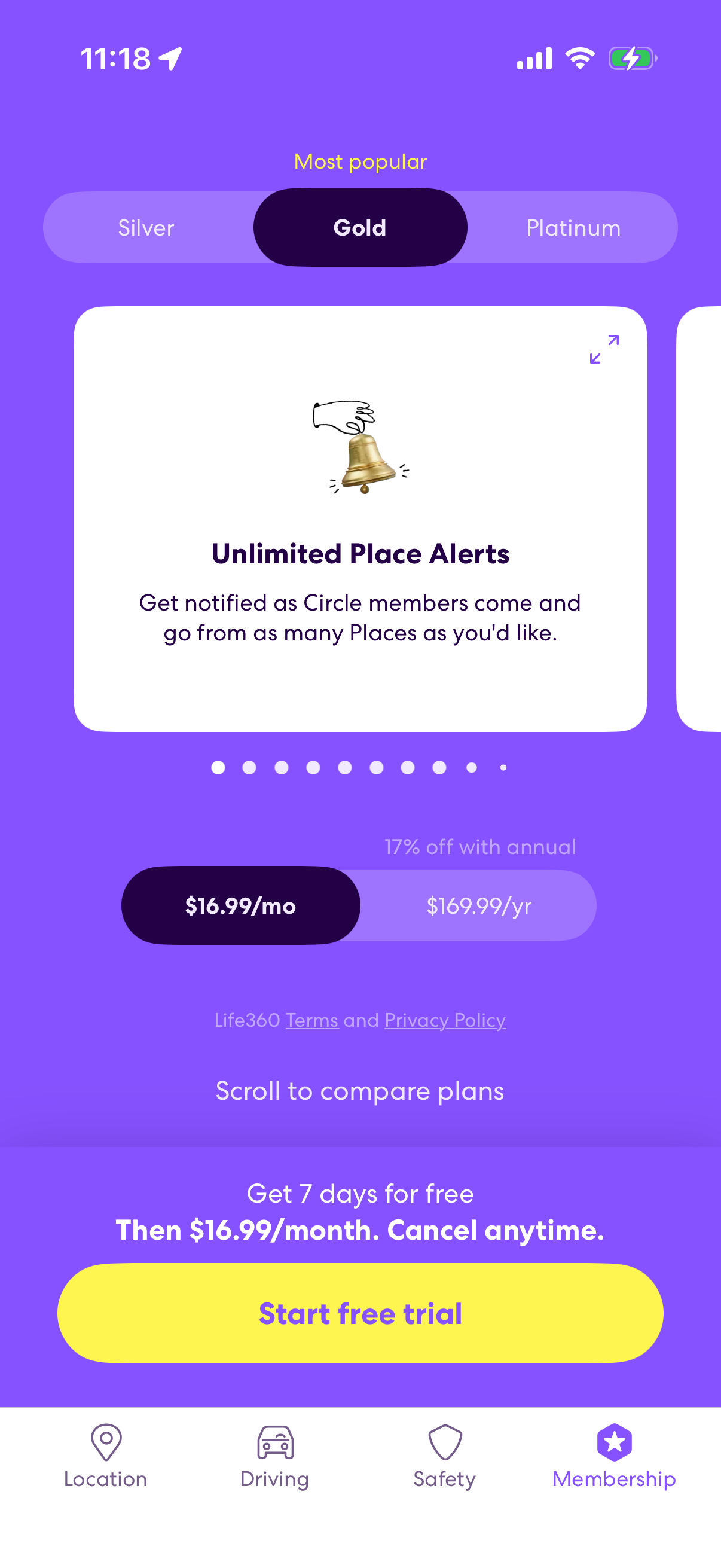 Step 1 of Life360 Settings Paywall