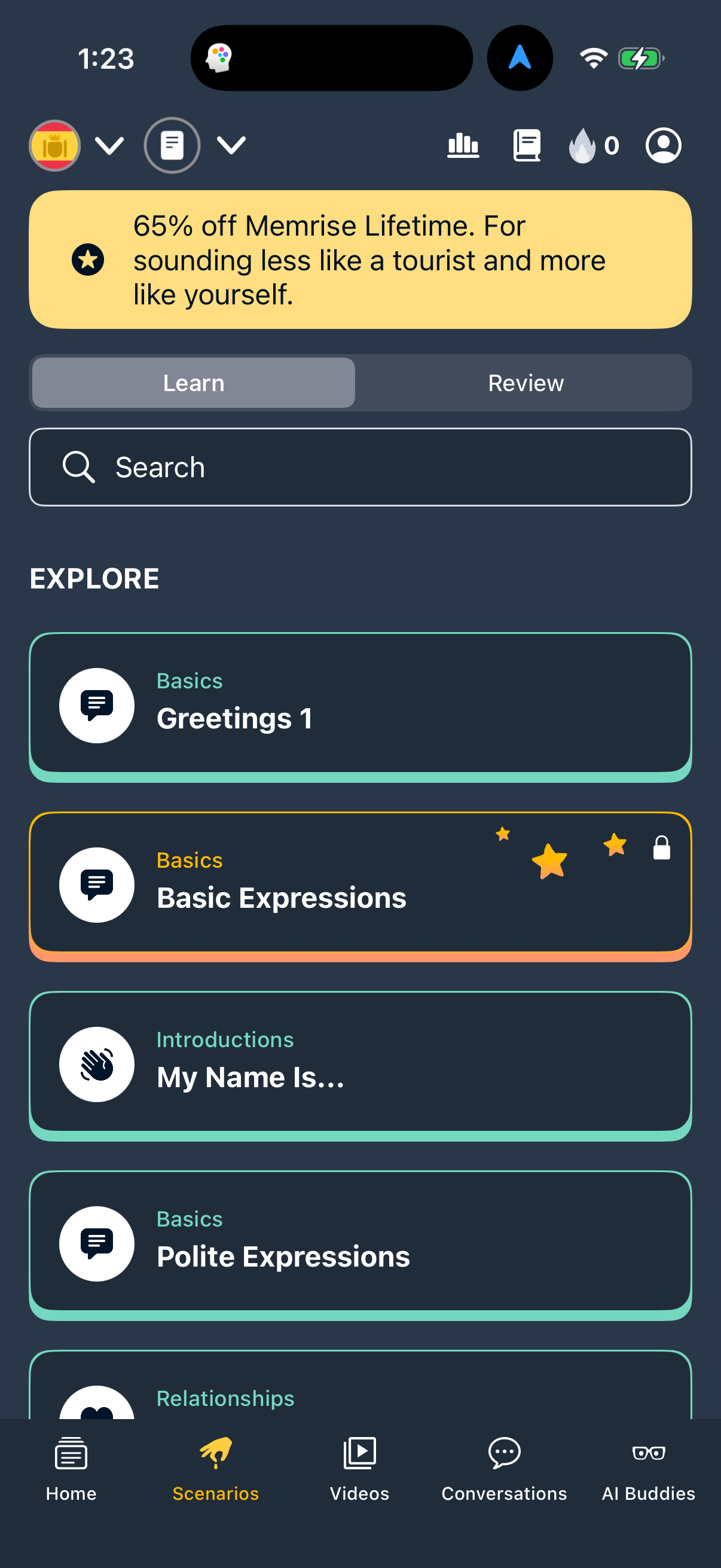 Step 2 of memrise Main_tabs