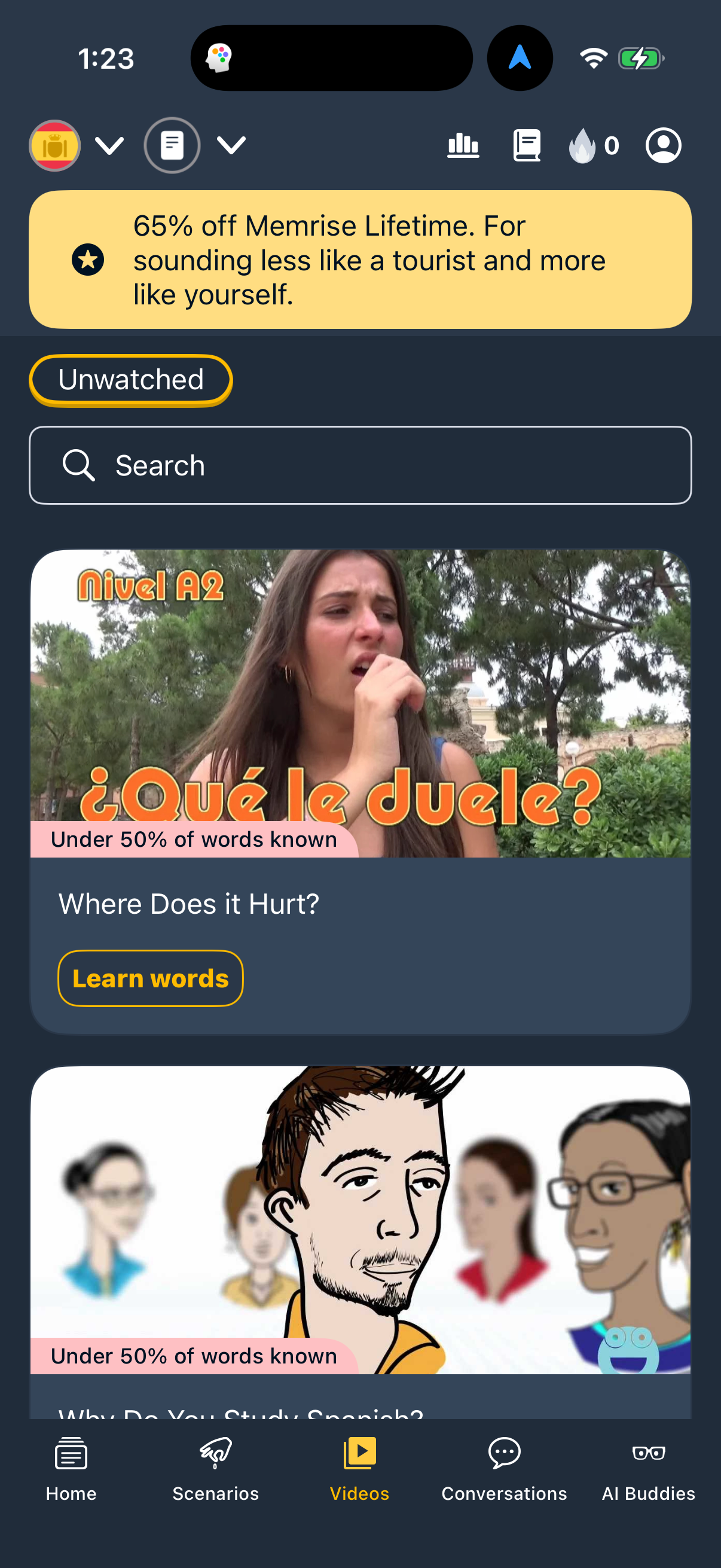 Step 3 of memrise Main_tabs