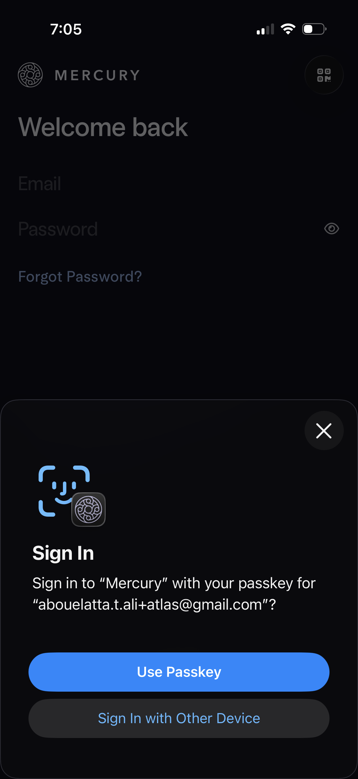 mercury sign in with passkey