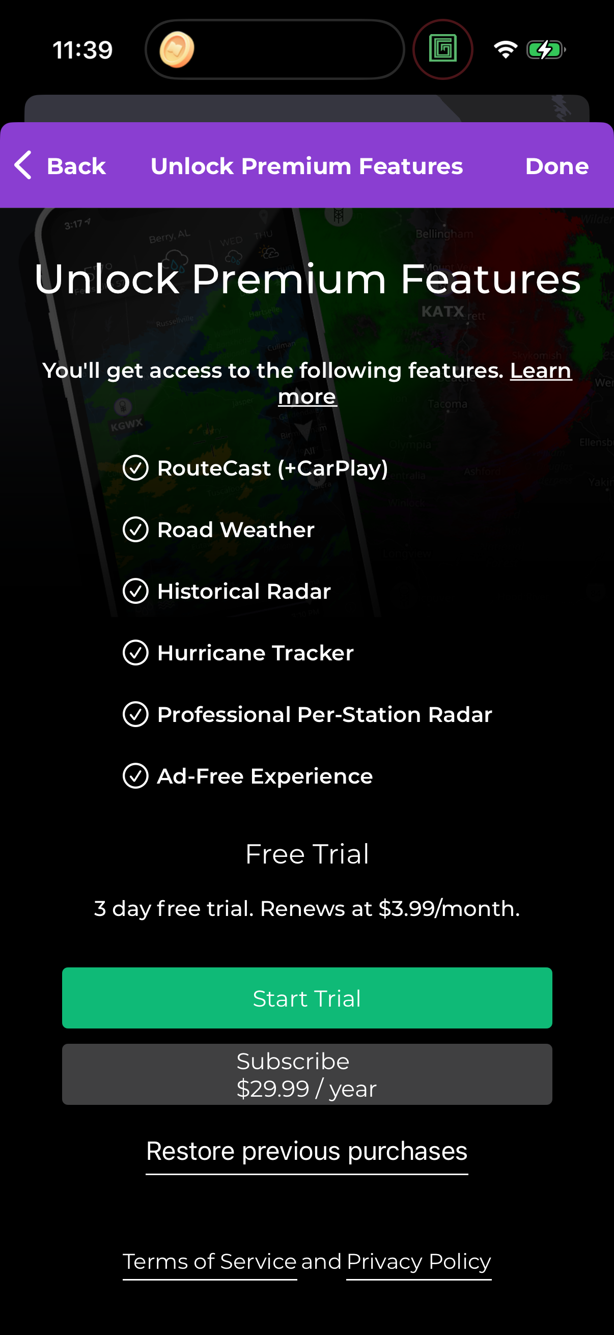 Step 1 of myradar Paywall