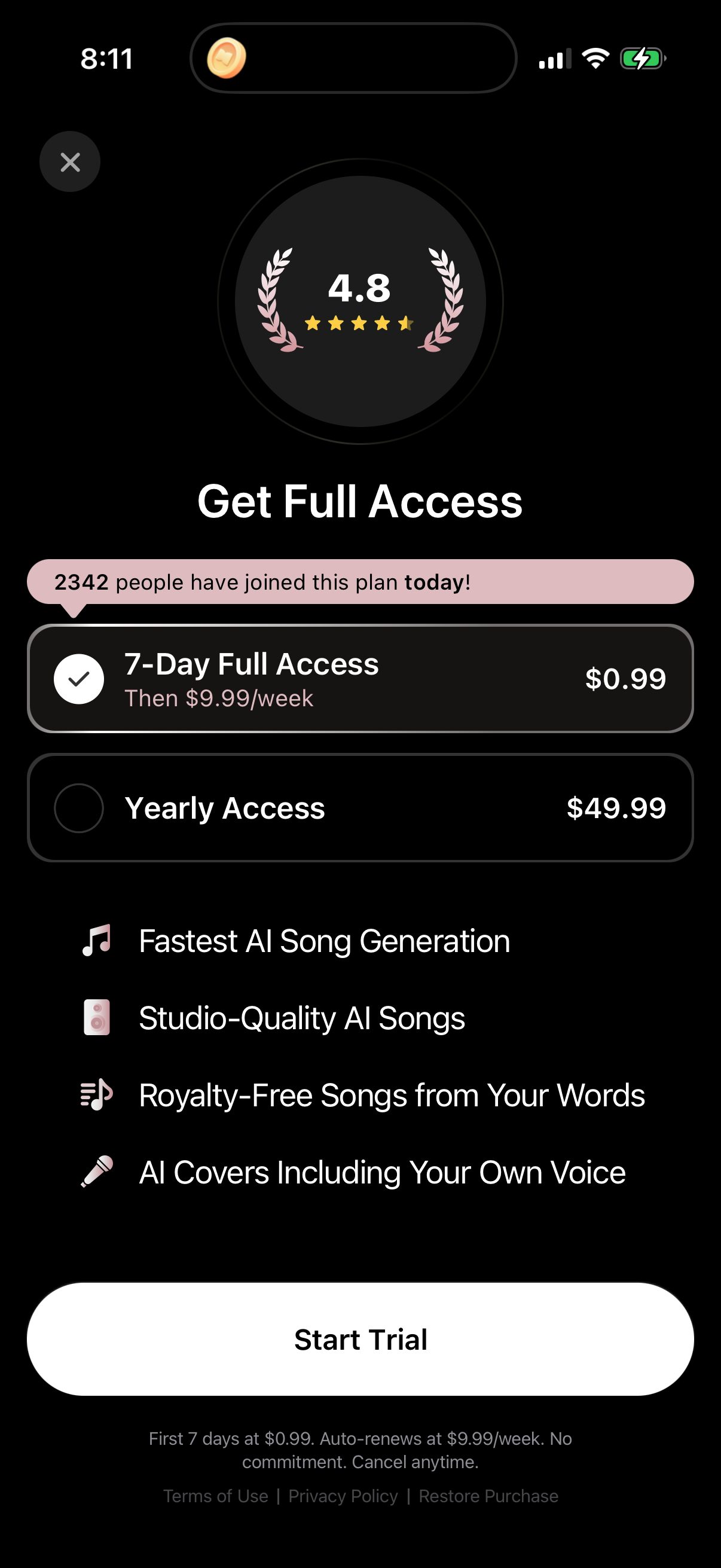 Step 1 of mytunes Paywall