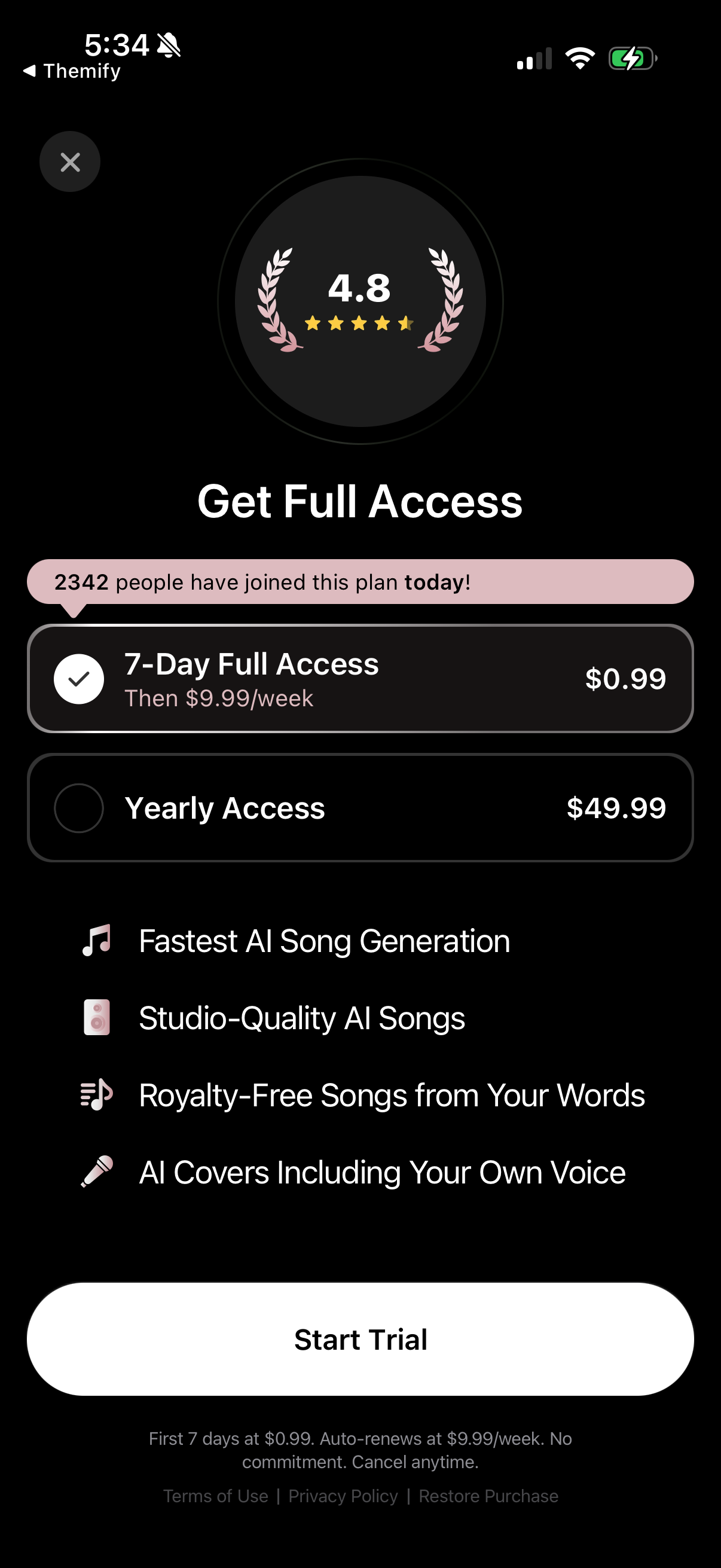 Step 1 of Mytunes Welcome Back Paywall