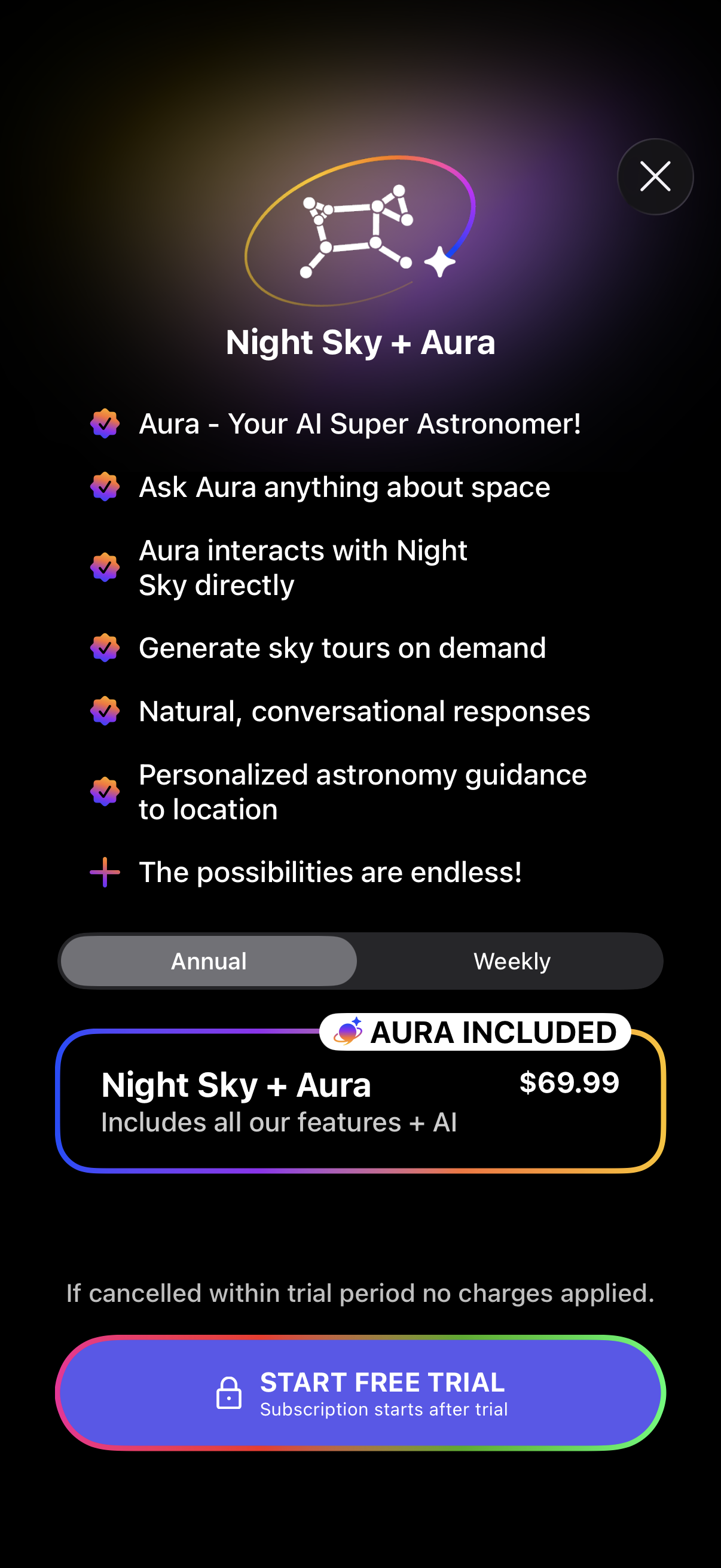 Step 1 of Night Sky Locked Feature Paywall